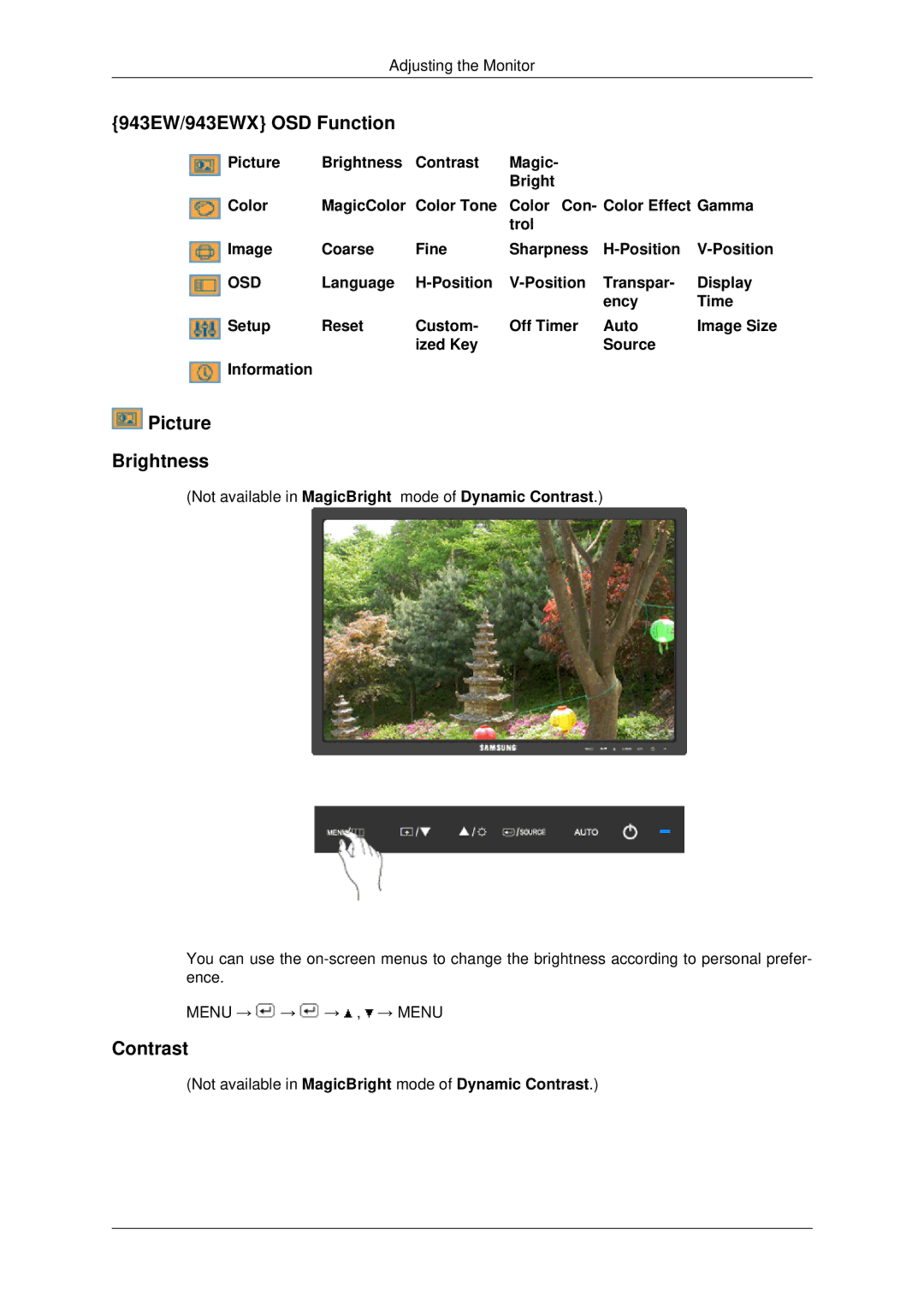 Samsung 2243EWX, 2043EWX user manual 943EW/943EWX OSD Function, Picture Brightness, Contrast 