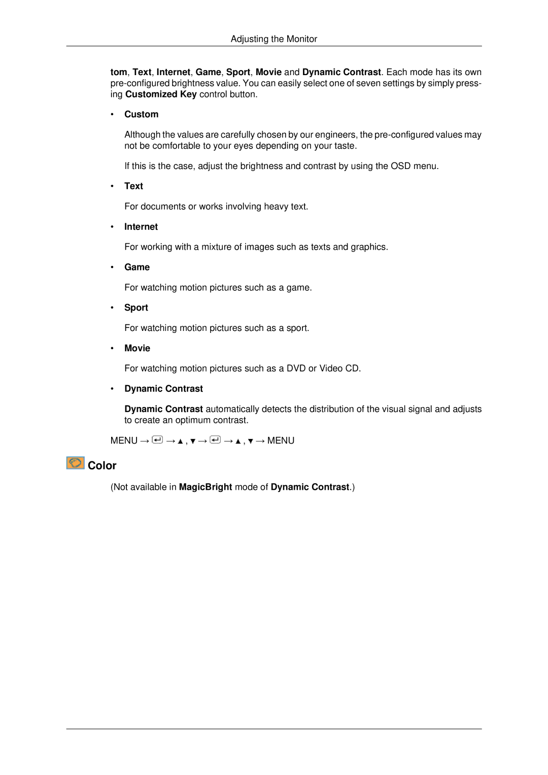 Samsung 943EWX, 2243EWX, 2043EWX user manual Color, Dynamic Contrast 