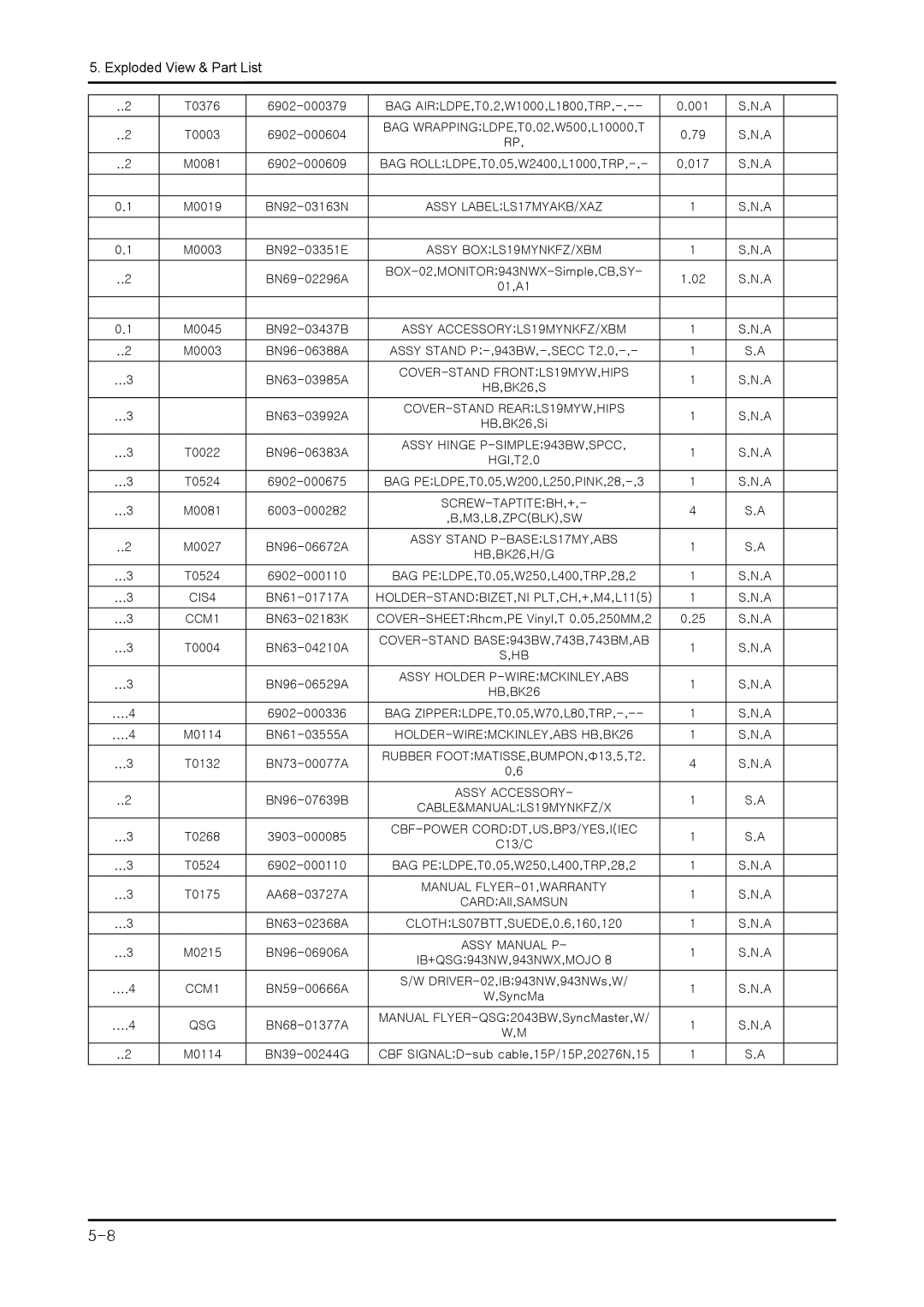 Samsung 943NWX service manual COVER-STAND FRONTLS19MYW,HIPS HB,BK26,S 