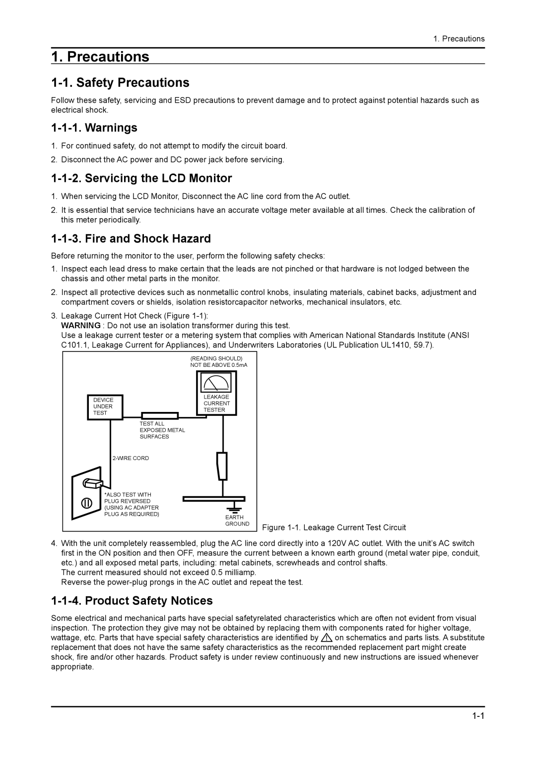 Samsung 943NWX Safety Precautions, Servicing the LCD Monitor, Fire and Shock Hazard, Product Safety Notices 