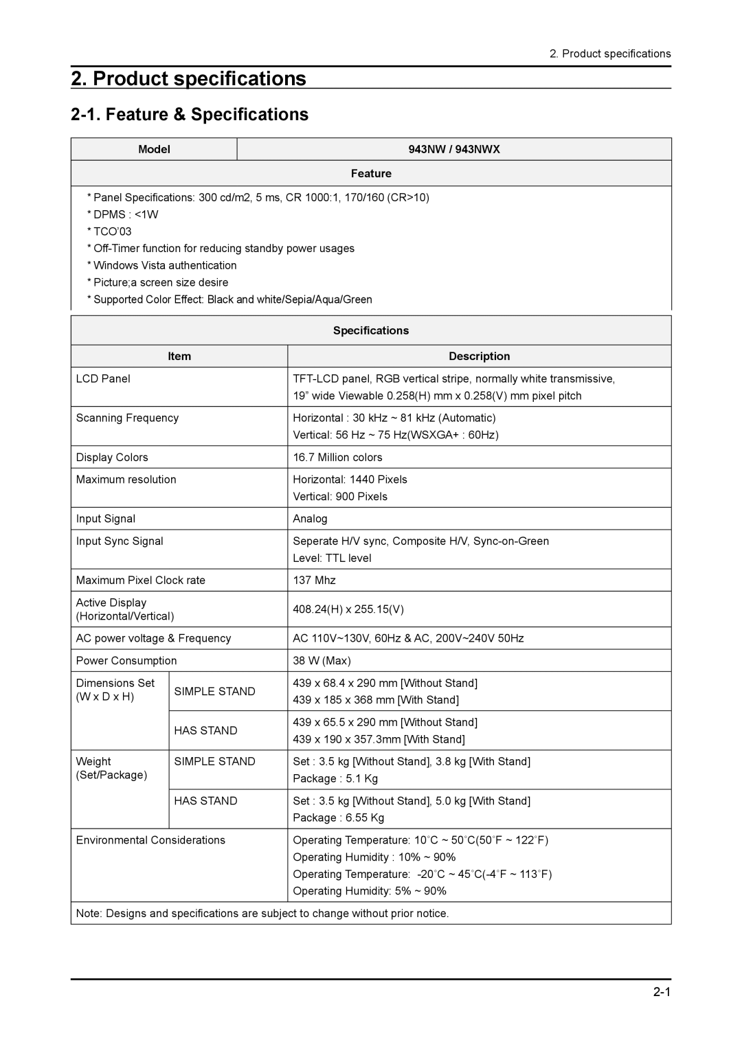 Samsung 943NWX service manual Product specifications, Feature & Specifications 