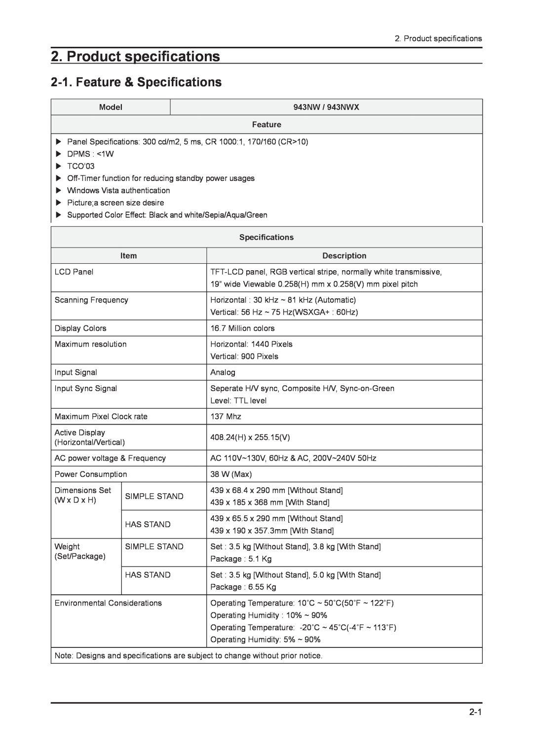 Samsung 943NWX service manual Product specifications, Feature & Specifications 