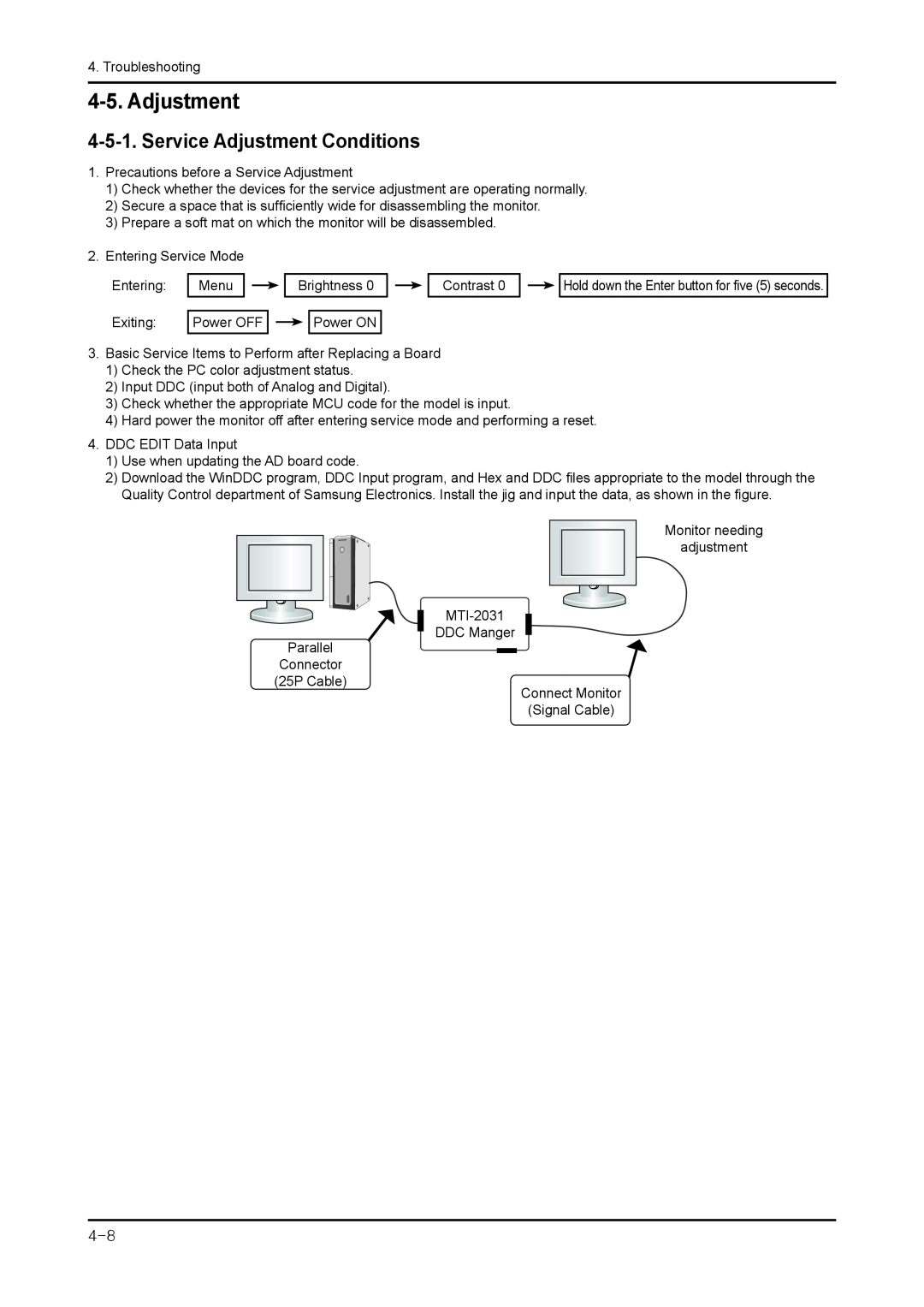 Samsung 943NWX service manual Service Adjustment Conditions 