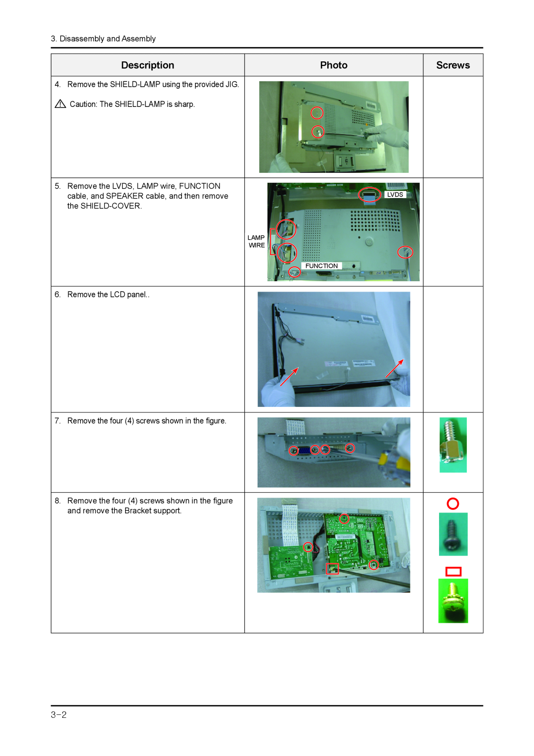 Samsung 943NWX service manual Description, Photo, Screws, Lvds, Lamp Wire Function 