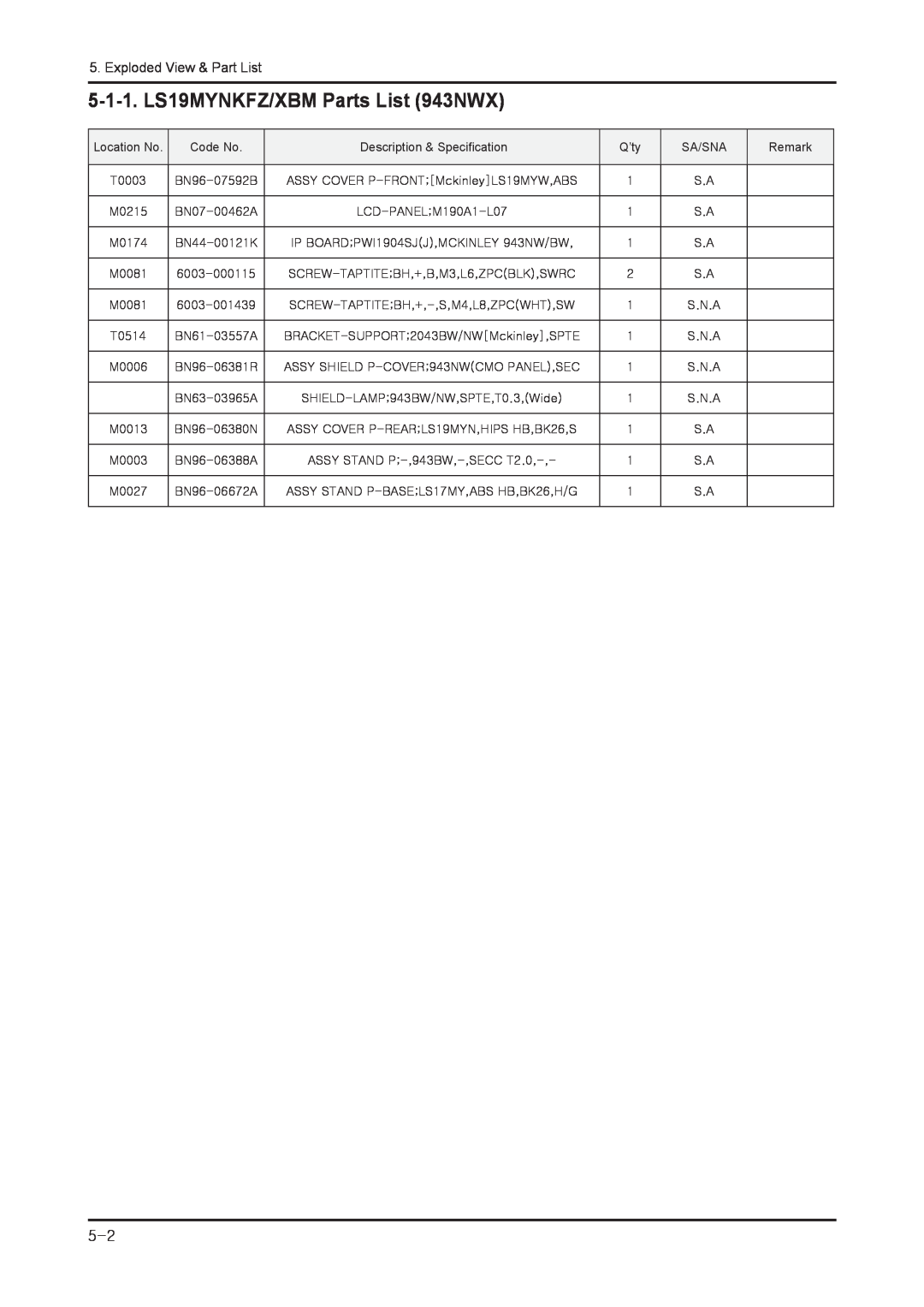Samsung service manual 5-1-1. LS19MYNKFZ/XBM Parts List 943NWX, Exploded View & Part List 