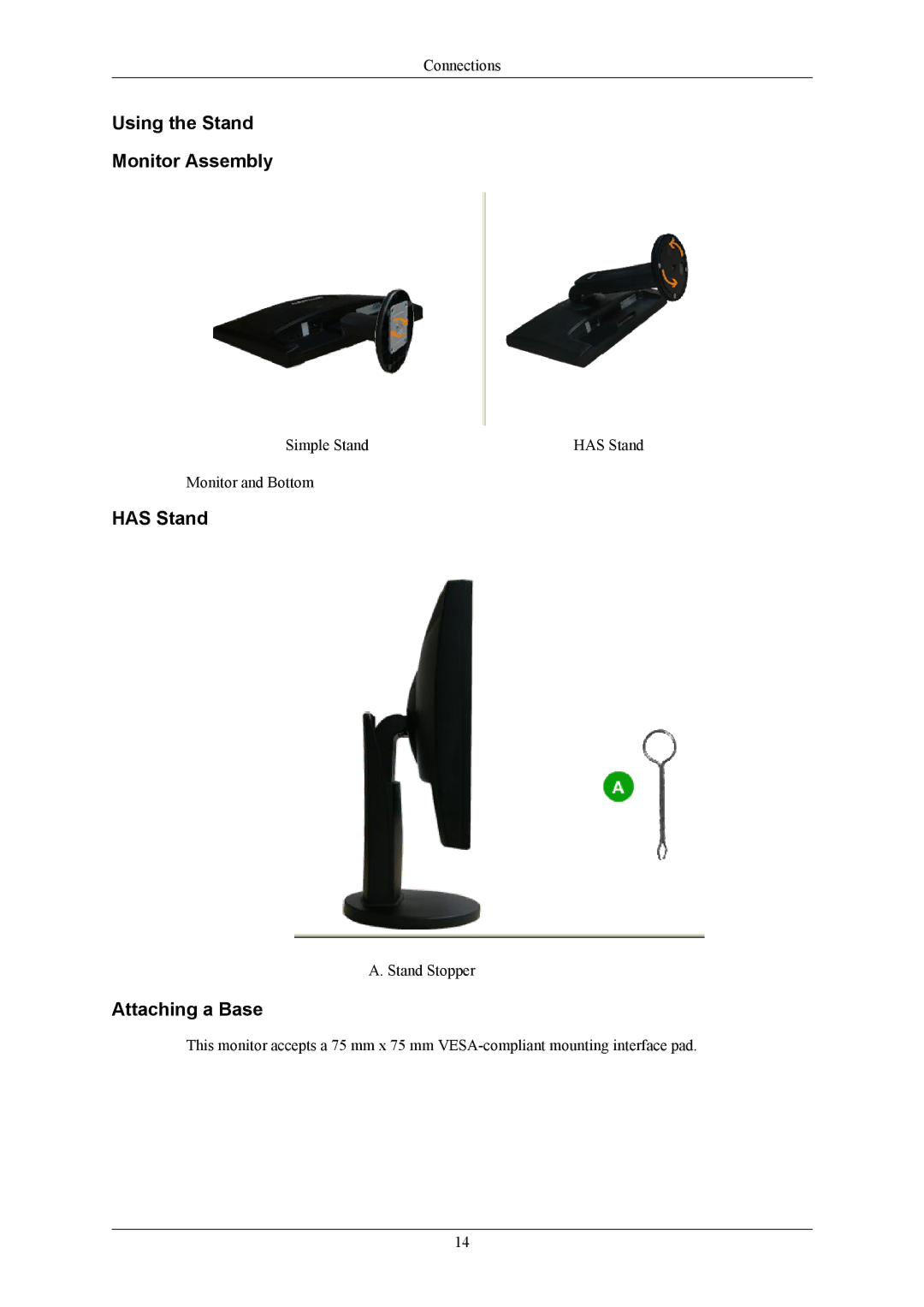 Samsung 943NX, 743NX user manual Using the Stand Monitor Assembly, Has Stand, Attaching a Base 