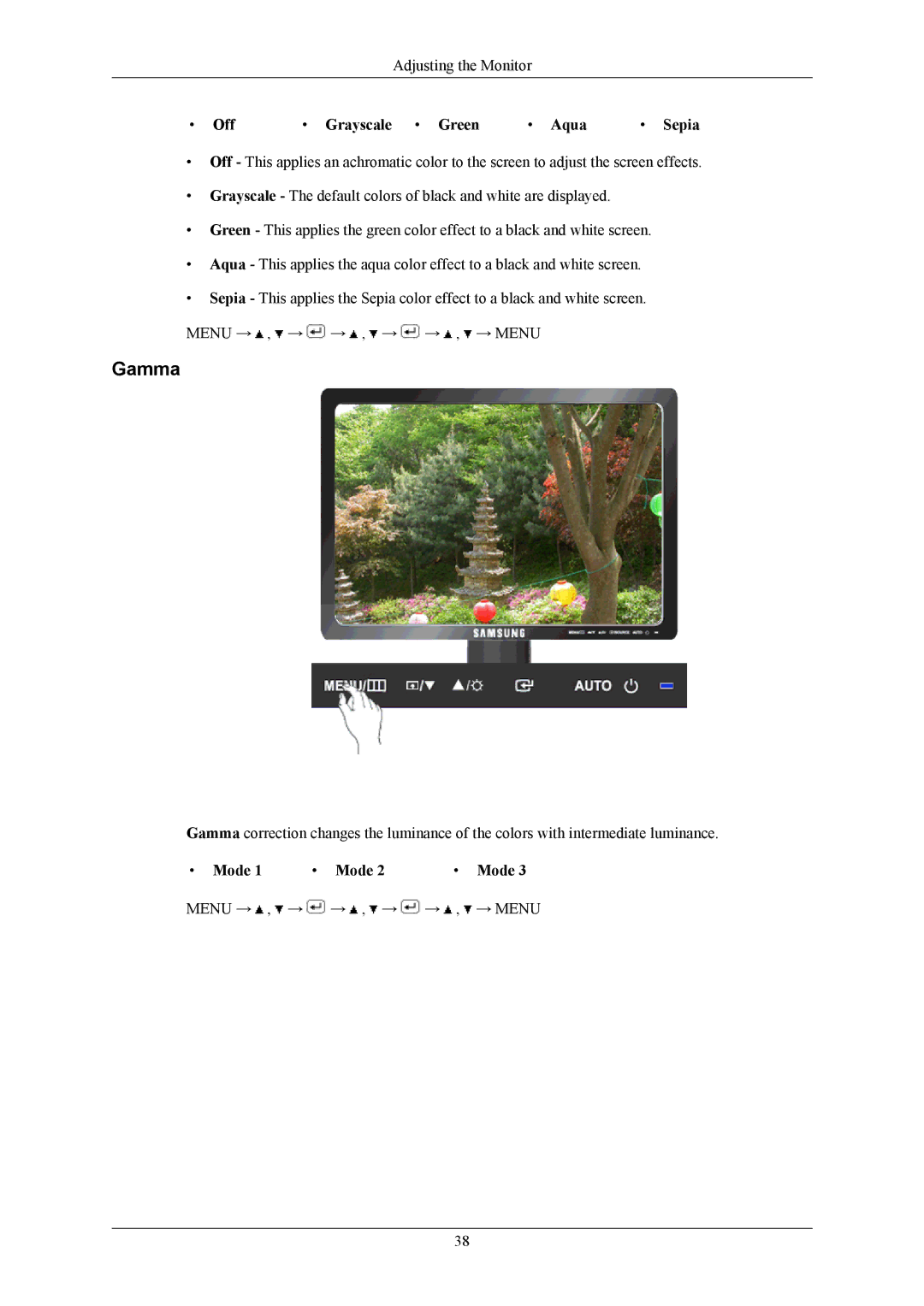 Samsung 943NX, 743NX user manual Gamma, Off Grayscale Green Aqua Sepia, Mode 1 Mode 2 Mode 