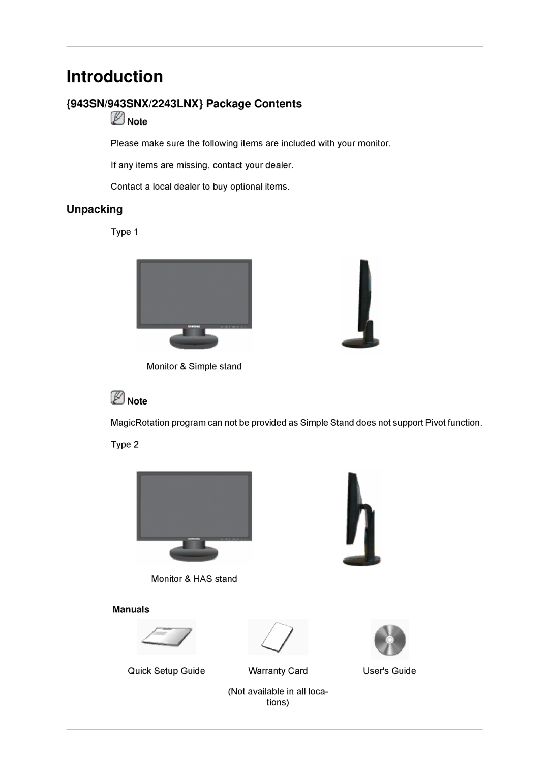 Samsung 2043SNX, 2243SNX user manual 943SN/943SNX/2243LNX Package Contents, Unpacking 