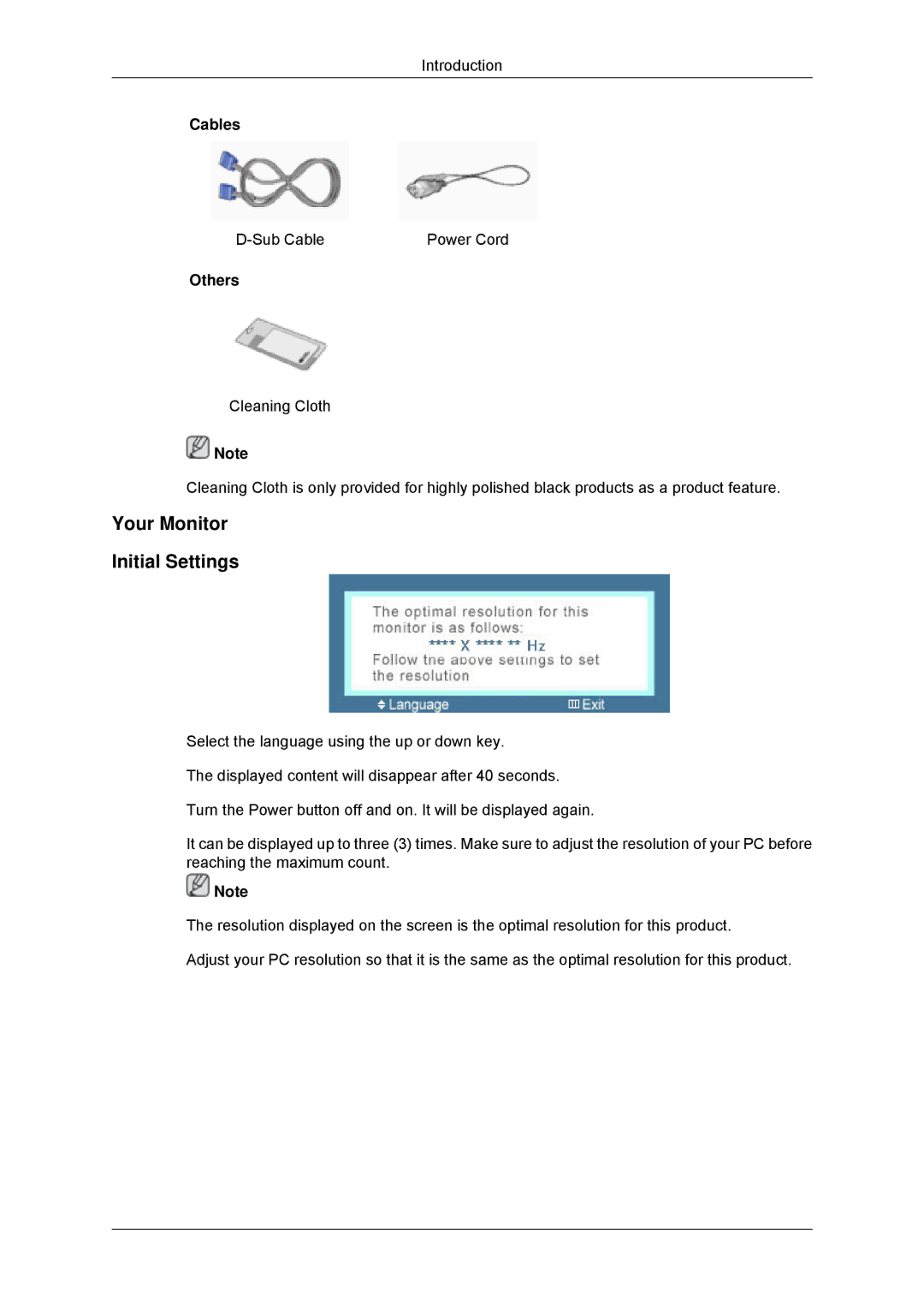 Samsung 943SNX, 2243LNX, 2043SNX, 2243SNX user manual Your Monitor Initial Settings, Cables, Others 