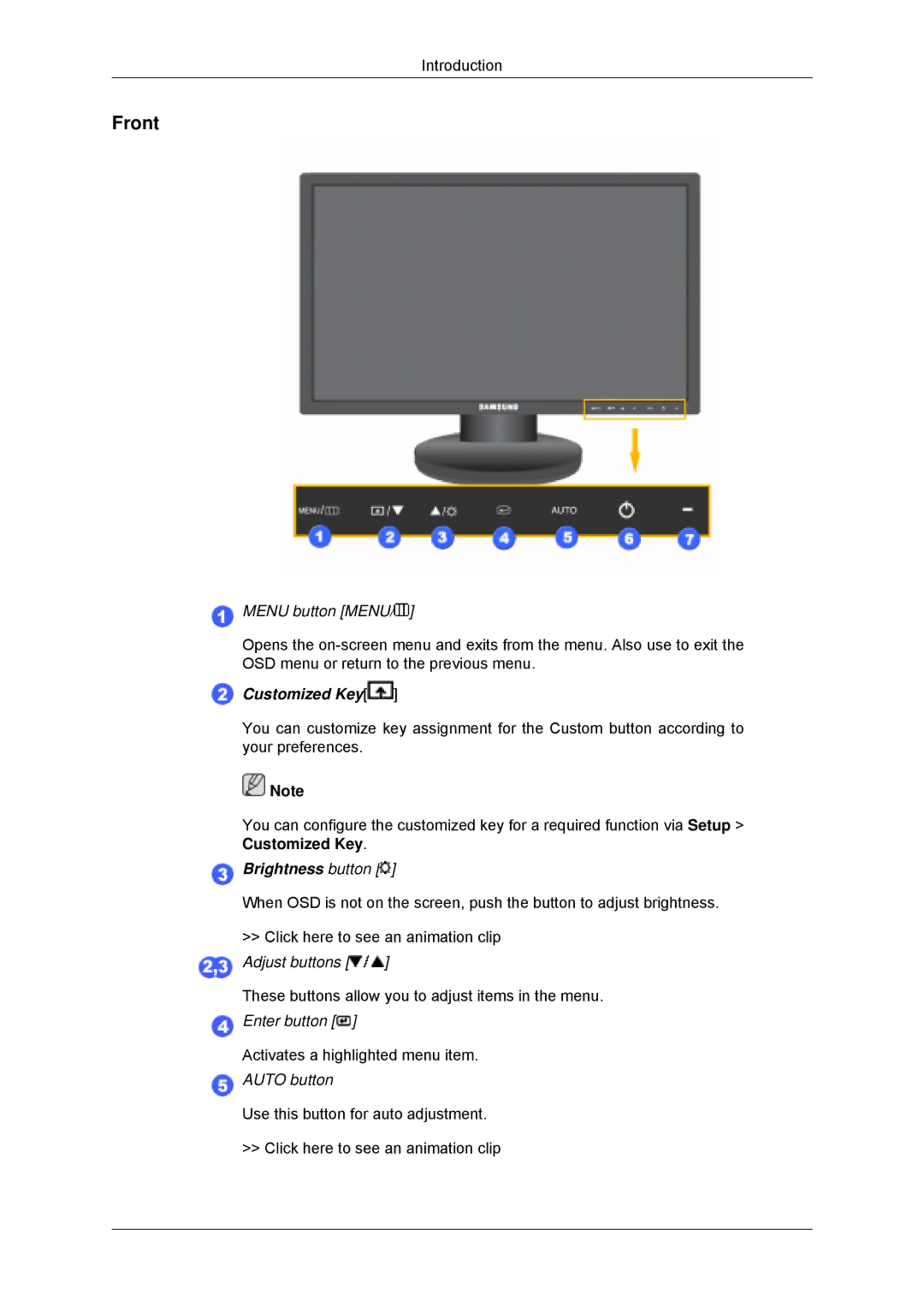 Samsung 943SNX, 2243LNX, 2043SNX, 2243SNX user manual Front, Menu button Menu 