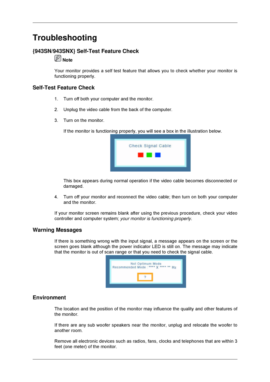 Samsung 2243LNX, 2043SNX, 2243SNX user manual 943SN/943SNX Self-Test Feature Check, Environment 