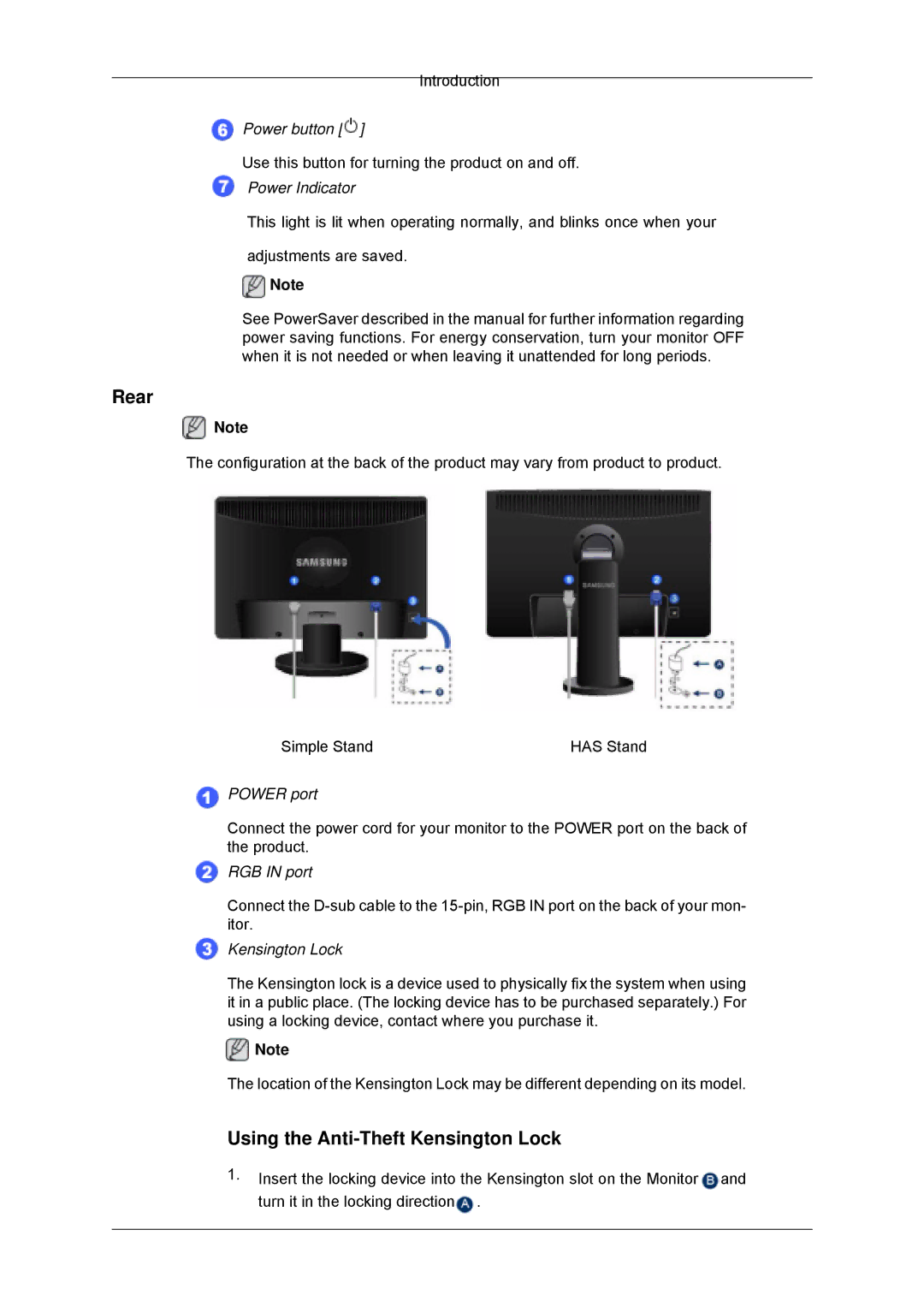 Samsung 2243SNX, 943SNX, 2243LNX, 2043SNX user manual Rear, Using the Anti-Theft Kensington Lock 