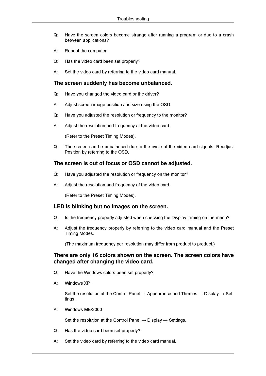 Samsung 943SNX, 2243LNX, 2043SNX, 2243SNX user manual Screen suddenly has become unbalanced 