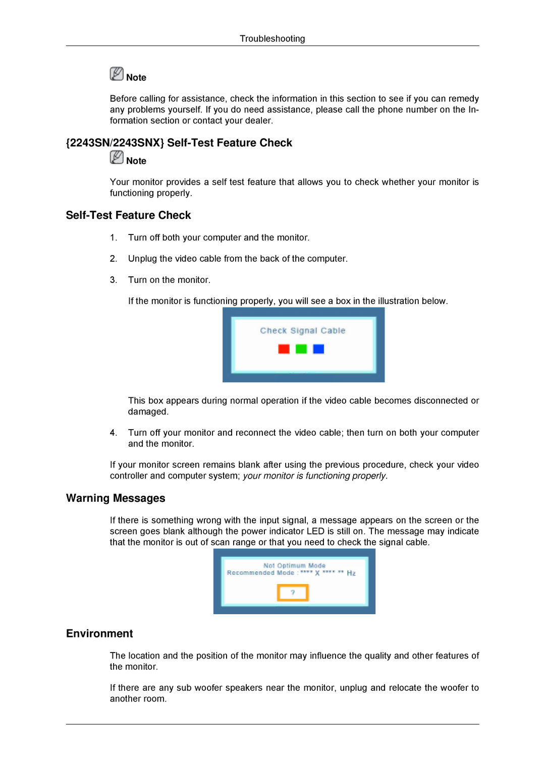 Samsung 943SNX, 2243LNX, 2043SNX user manual 2243SN/2243SNX Self-Test Feature Check 