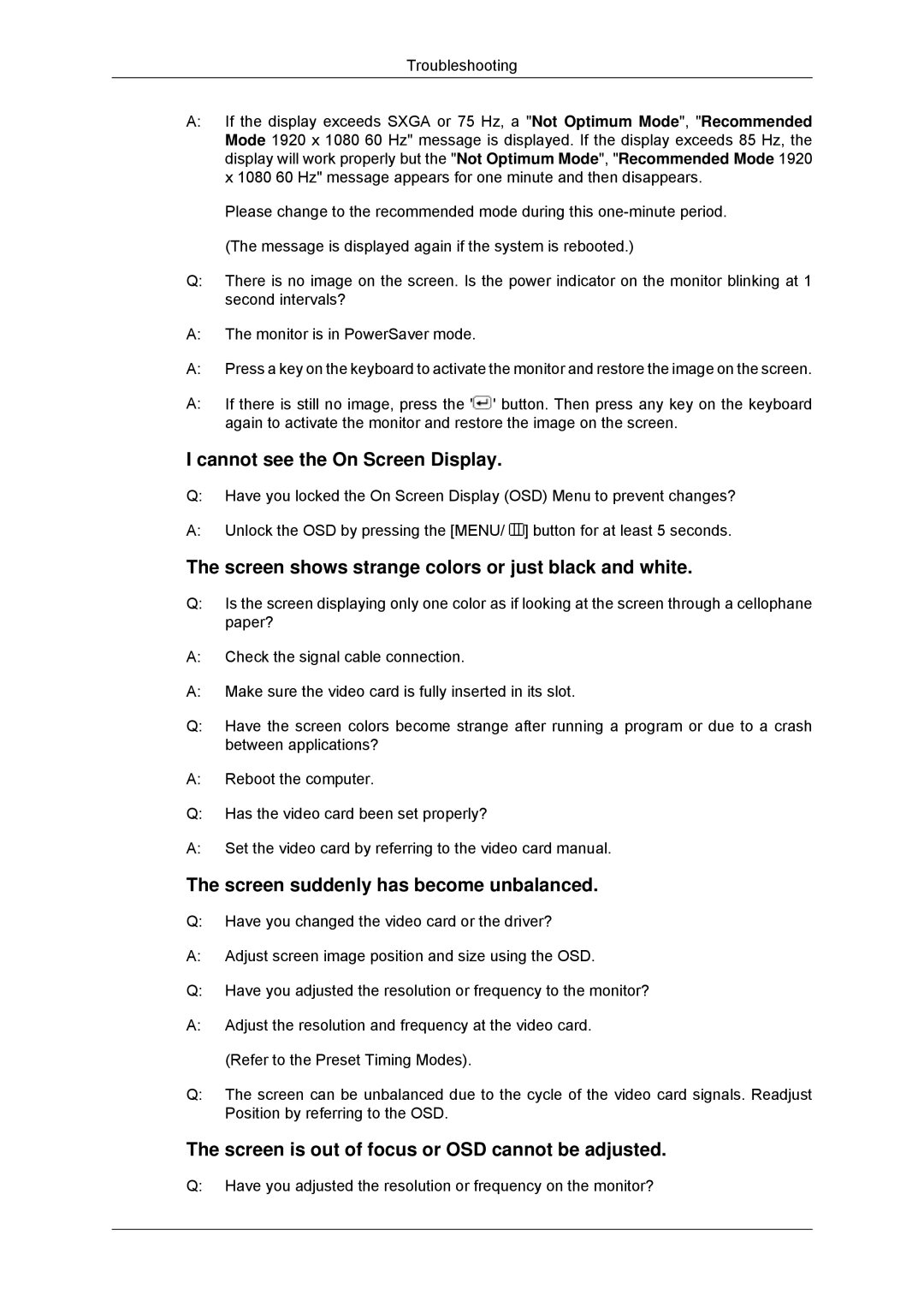 Samsung 2043SNX, 943SNX, 2243LNX, 2243SNX user manual Cannot see the On Screen Display 