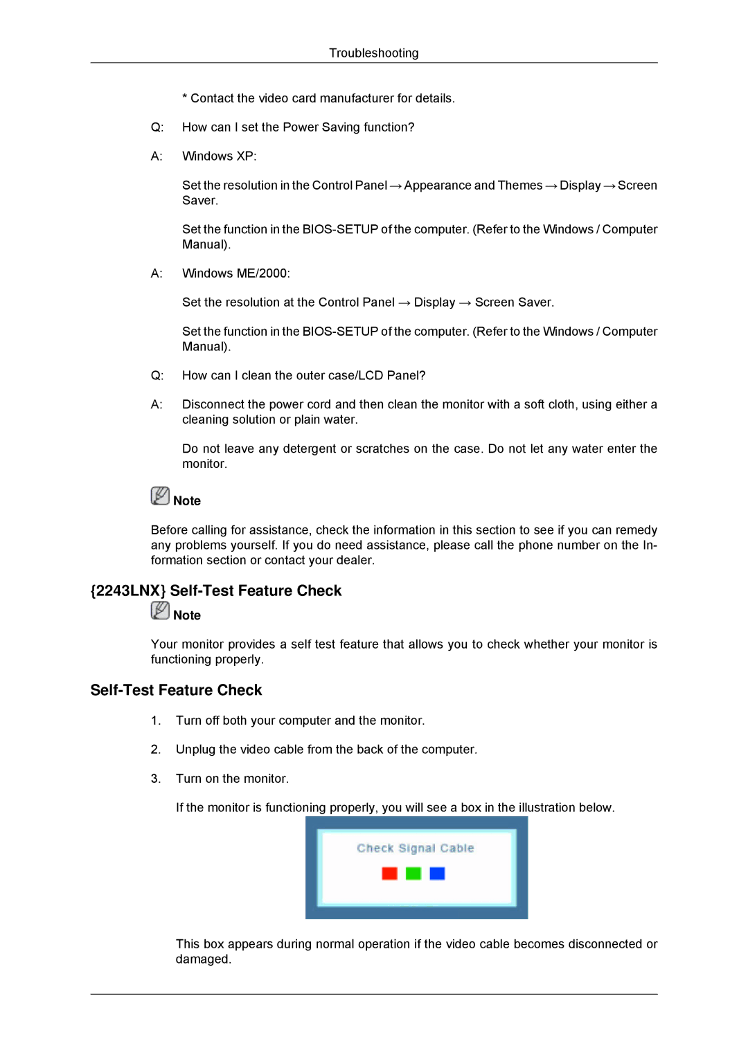 Samsung 2243SNX, 943SNX, 2043SNX user manual 2243LNX Self-Test Feature Check 