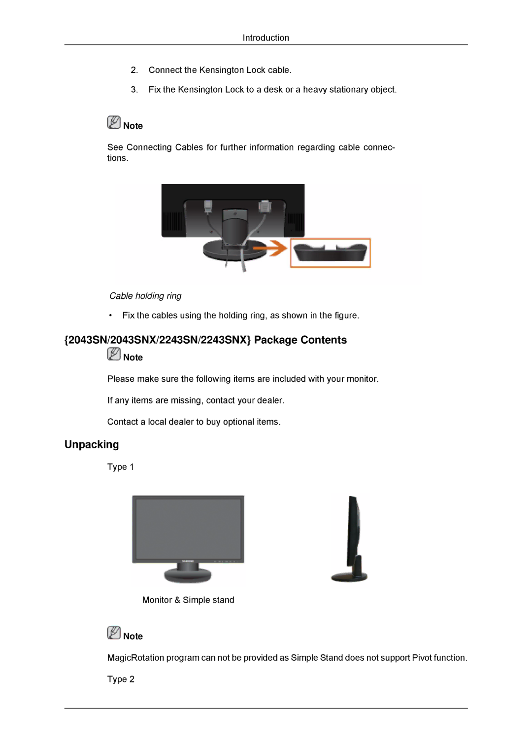 Samsung 943SNX, 2243LNX user manual 2043SN/2043SNX/2243SN/2243SNX Package Contents, Unpacking 