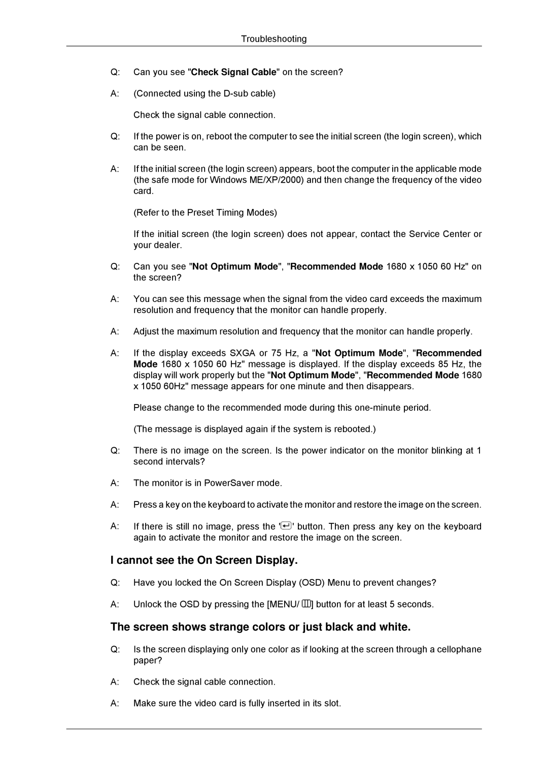 Samsung 943SNX, 2243LNX, 2043SNX, 2243SNX user manual Cannot see the On Screen Display 