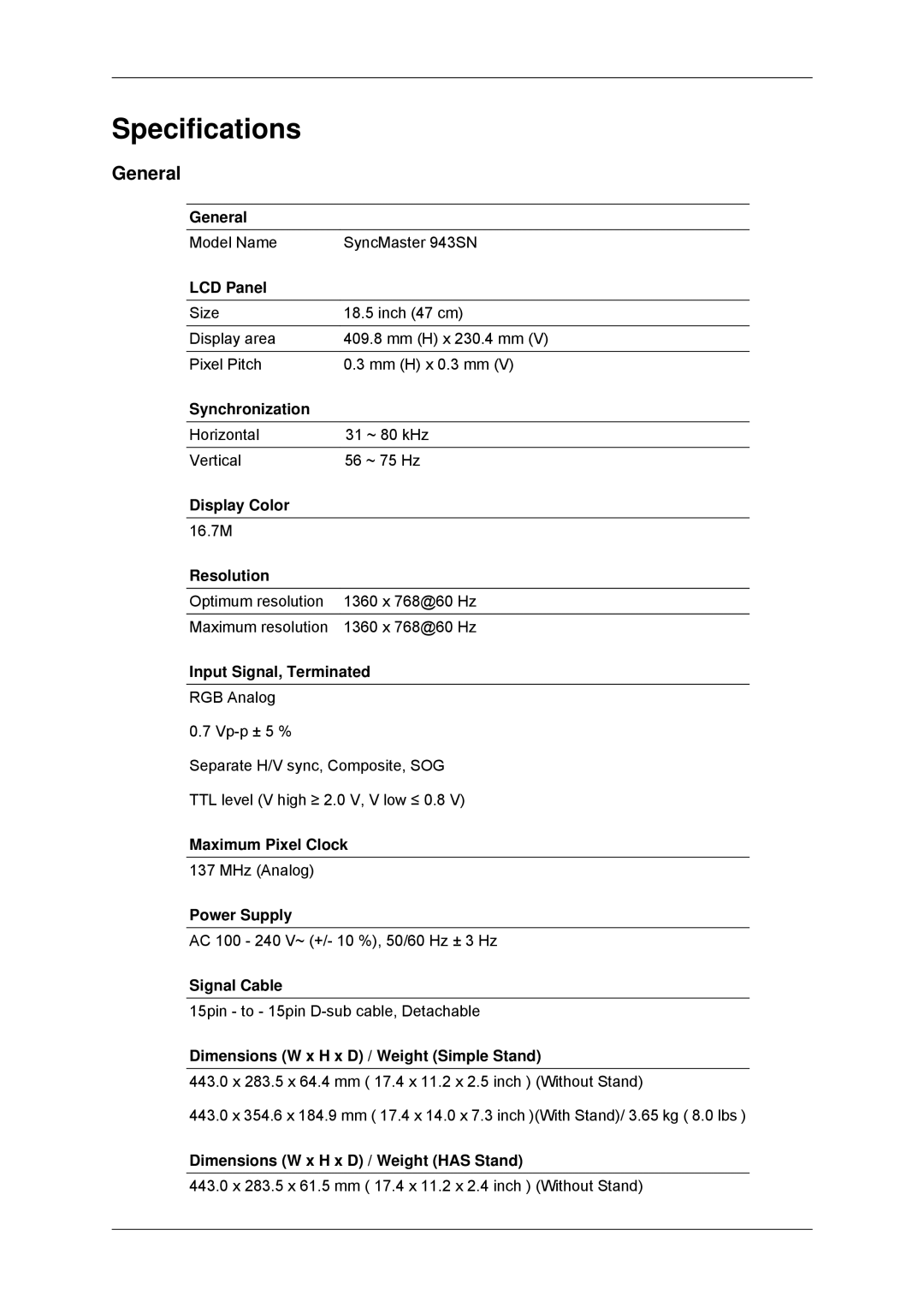 Samsung 2243SNX, 943SNX, 2243LNX, 2043SNX user manual General 