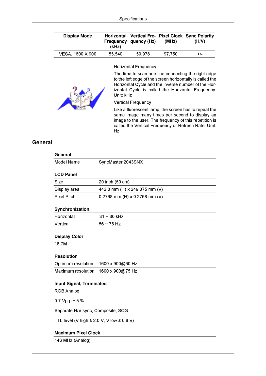 Samsung 943SNX, 2243LNX, 2043SNX, 2243SNX user manual Horizontal Cycle and the inverse number of the Hor 