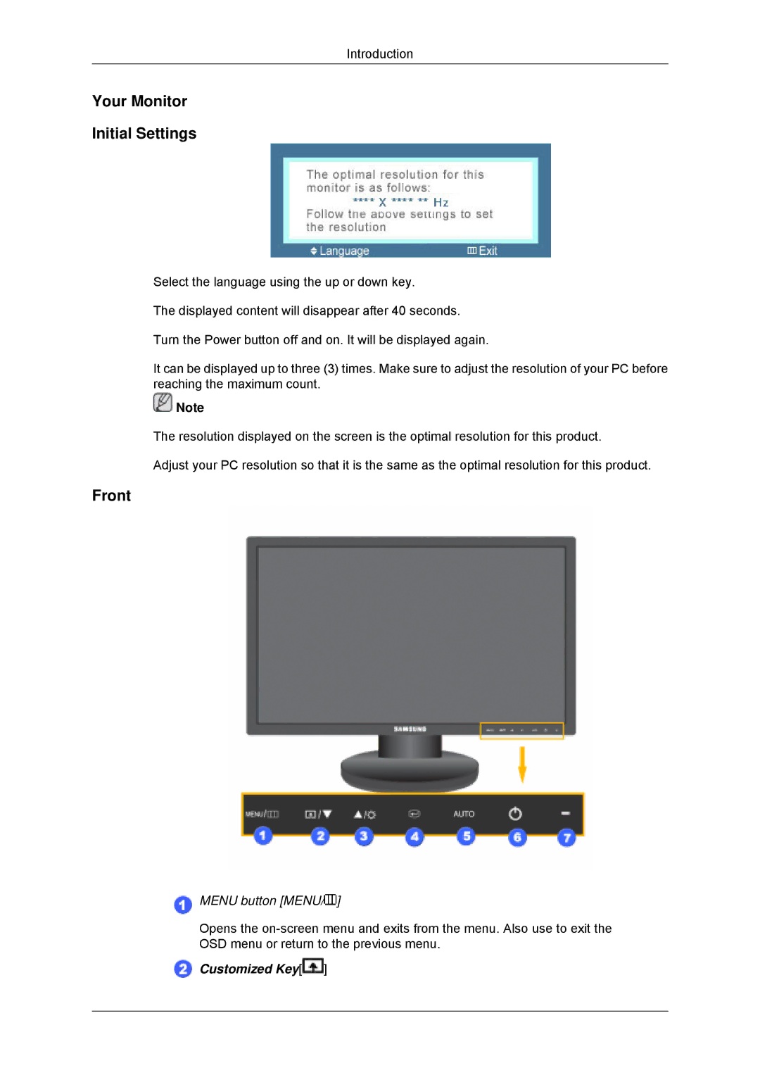 Samsung 2243LNX, 943SNX, 2043SNX, 2243SNX user manual Your Monitor Initial Settings 