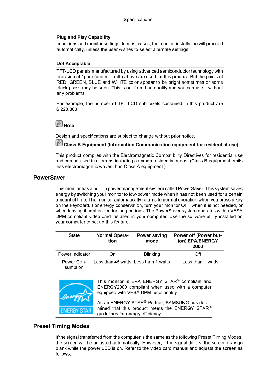 Samsung 2243SNX, 943SNX, 2243LNX, 2043SNX user manual Less than 45 watts 