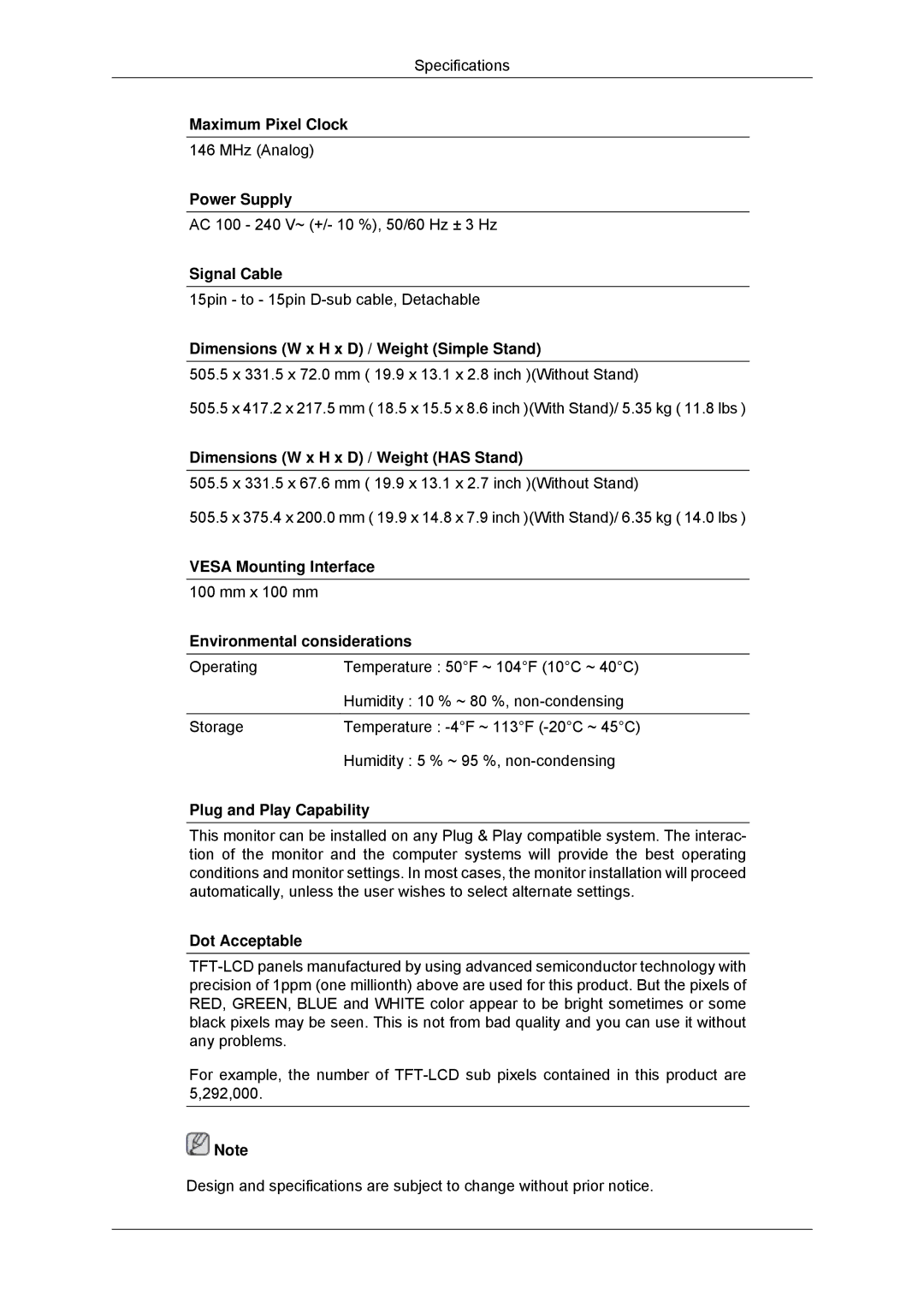 Samsung 943SNX, 2243LNX, 2043SNX, 2243SNX user manual Maximum Pixel Clock 