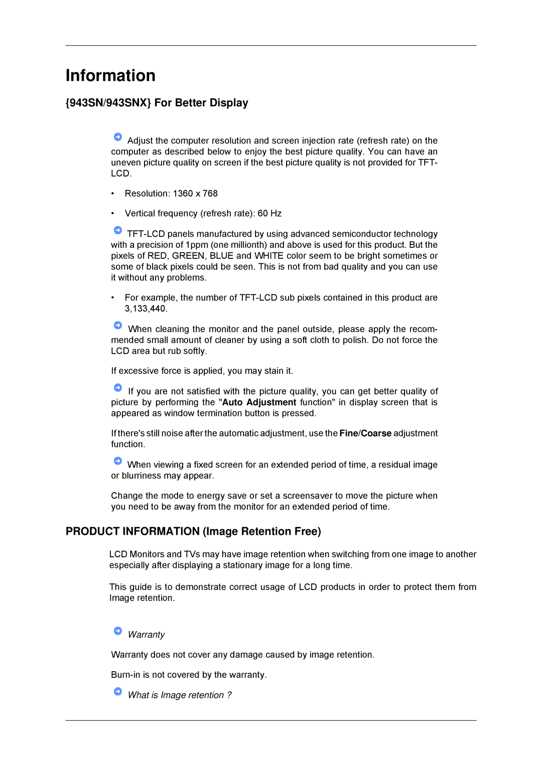 Samsung 2243LNX, 2043SNX, 2243SNX user manual 943SN/943SNX For Better Display, Product Information Image Retention Free 