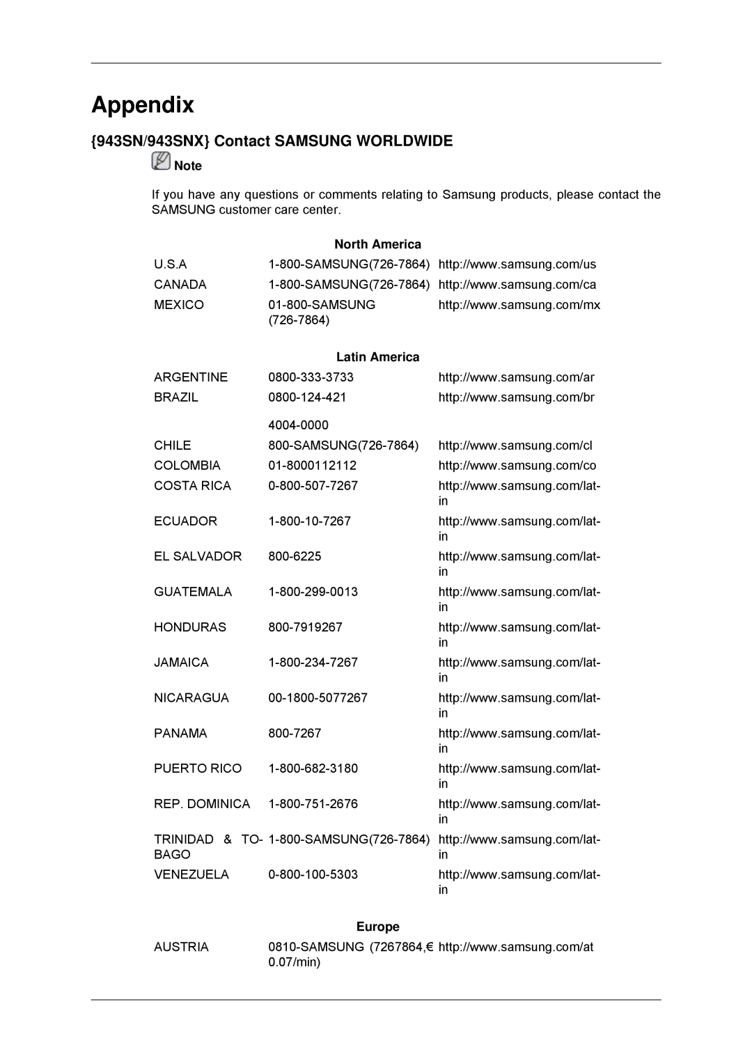 Samsung 2043SNX, 2243LNX, 2243SNX user manual 943SN/943SNX Contact Samsung Worldwide, North America, Latin America, Europe 