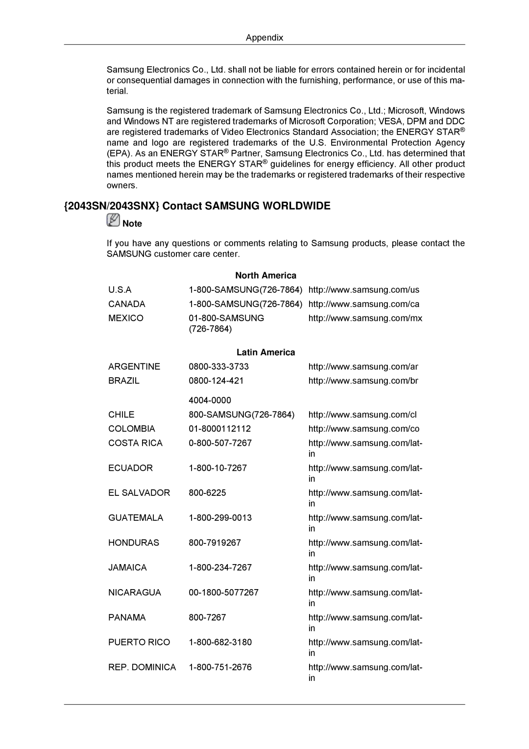 Samsung 943SNX, 2243LNX, 2243SNX user manual 2043SN/2043SNX Contact Samsung Worldwide, North America 