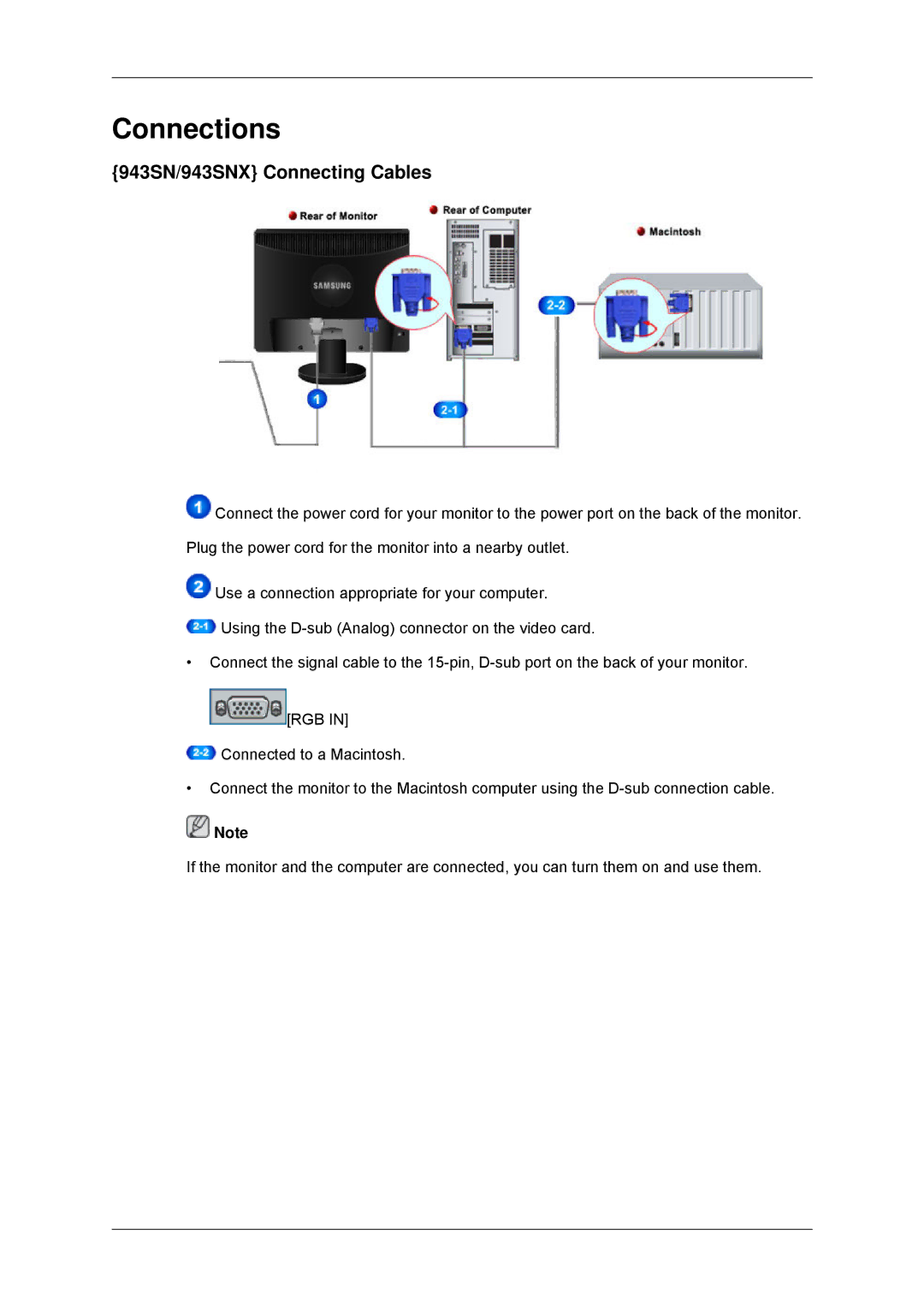 Samsung 2243LNX, 2043SNX, 2243SNX user manual Connections, 943SN/943SNX Connecting Cables 