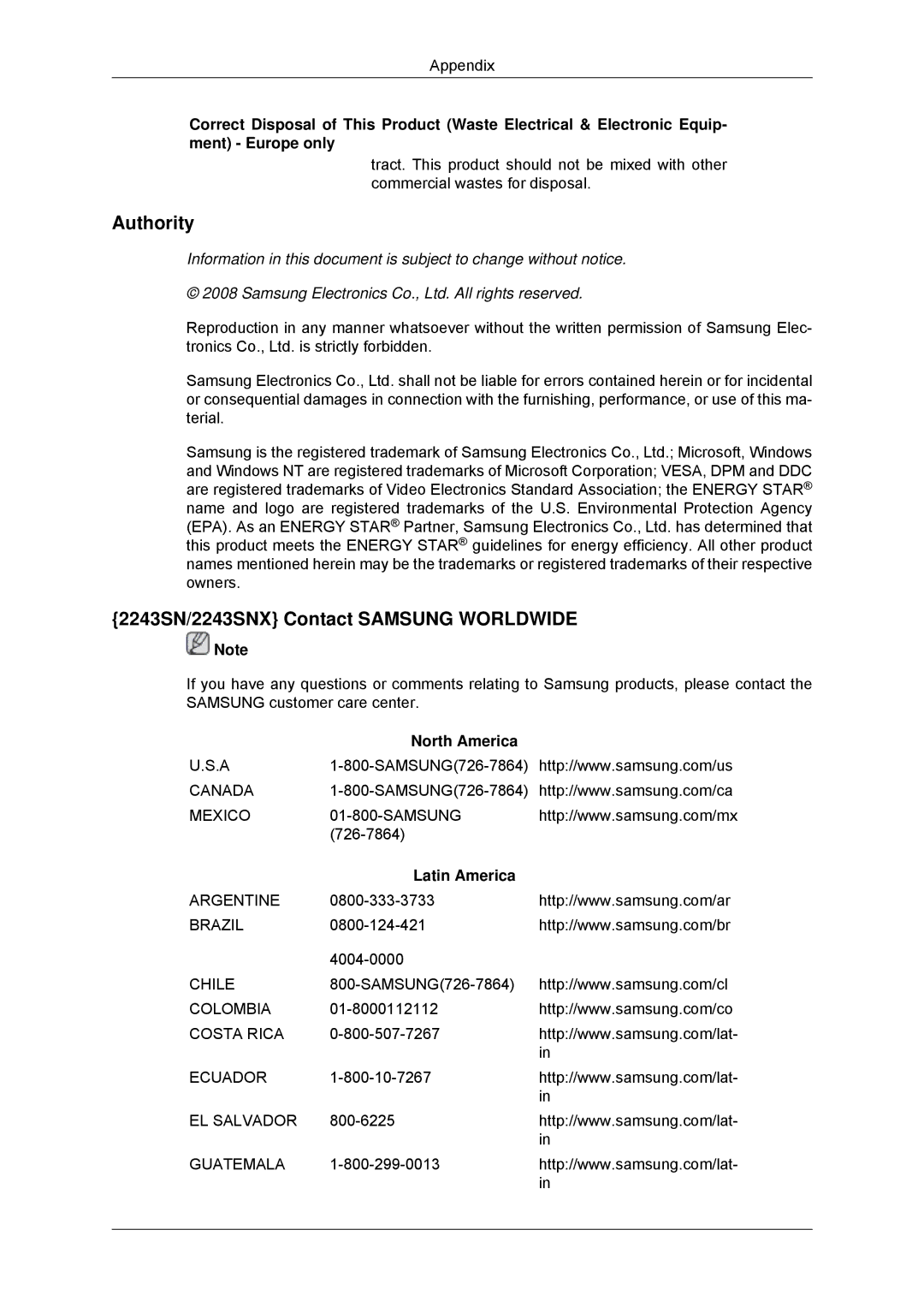 Samsung 943SNX, 2243LNX, 2043SNX user manual Authority, 2243SN/2243SNX Contact Samsung Worldwide 