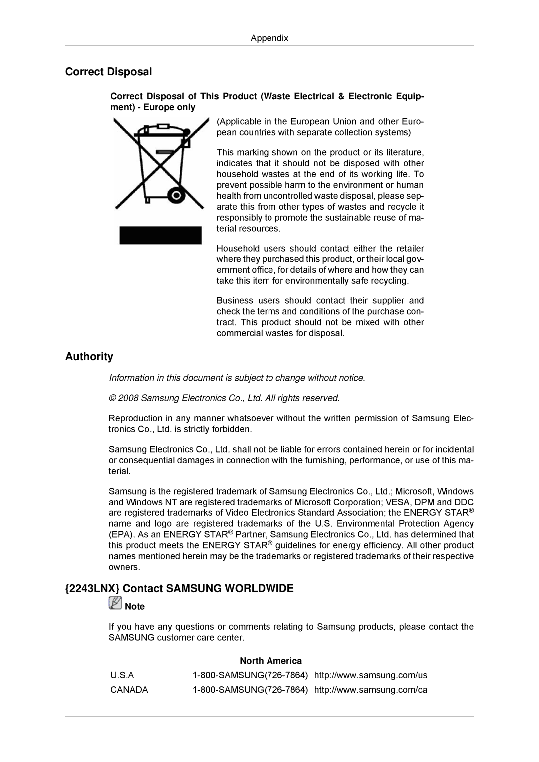 Samsung 943SNX, 2043SNX, 2243SNX user manual Correct Disposal, 2243LNX Contact Samsung Worldwide 