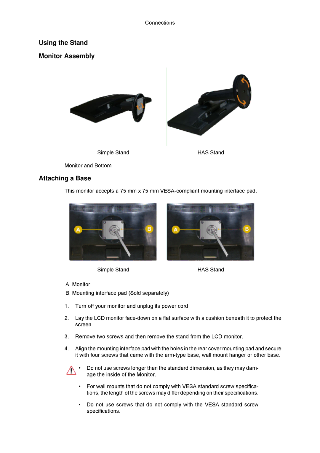 Samsung 2243SNX, 943SNX, 2243LNX, 2043SNX user manual Using the Stand Monitor Assembly, Attaching a Base 