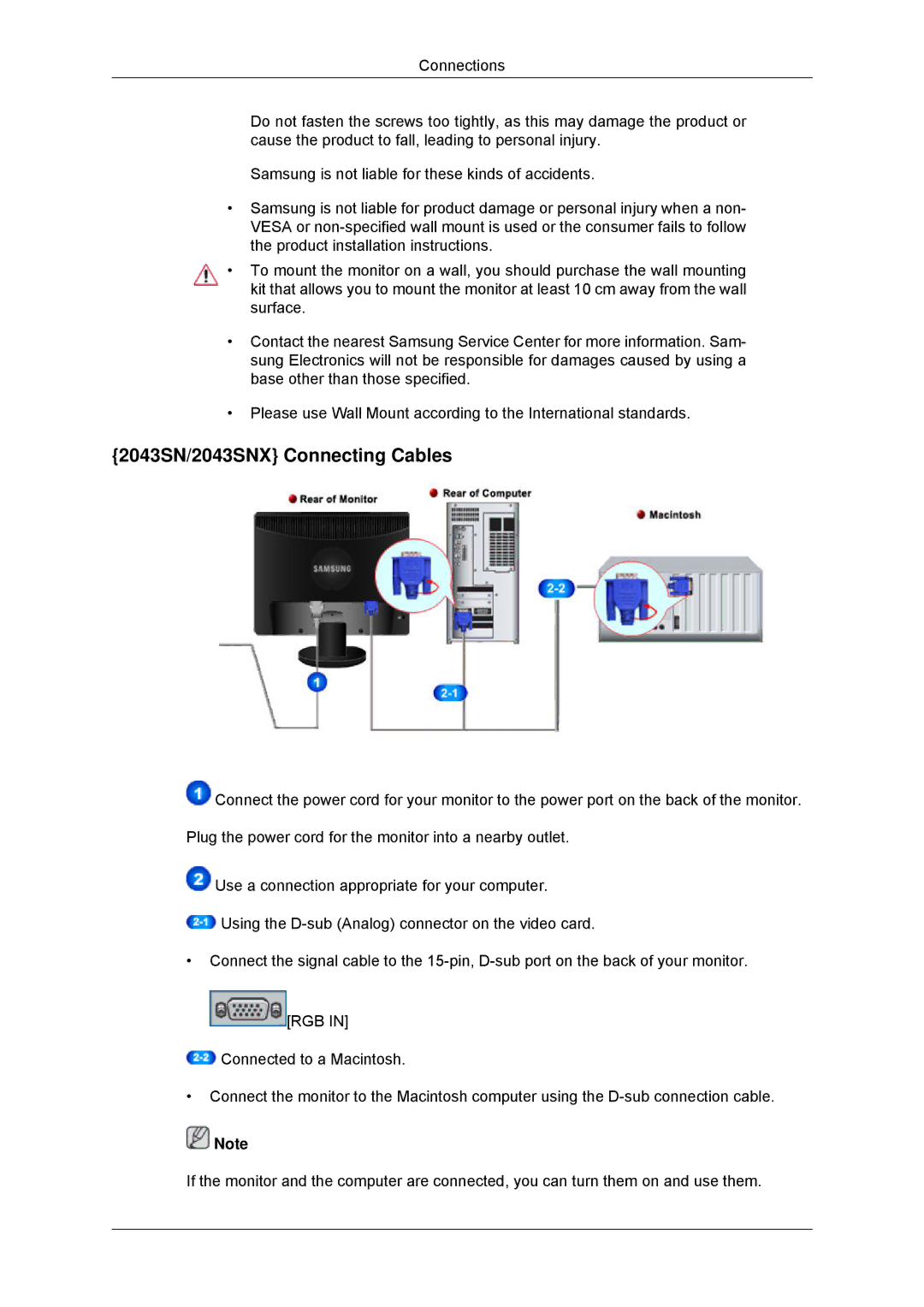 Samsung 943SNX, 2243LNX, 2243SNX user manual 2043SN/2043SNX Connecting Cables 