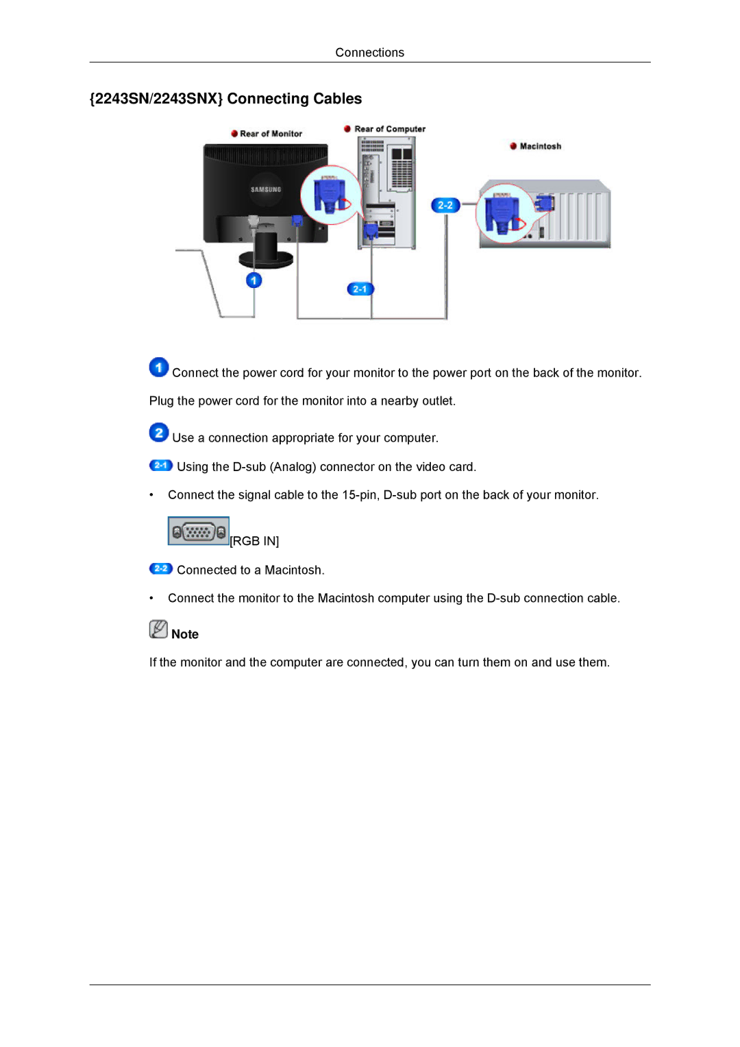 Samsung 2043SNX, 943SNX, 2243LNX user manual 2243SN/2243SNX Connecting Cables 