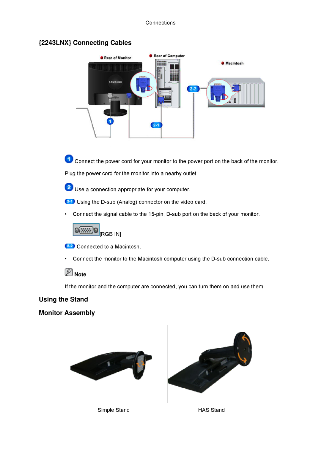 Samsung 2243SNX, 943SNX, 2043SNX user manual 2243LNX Connecting Cables 