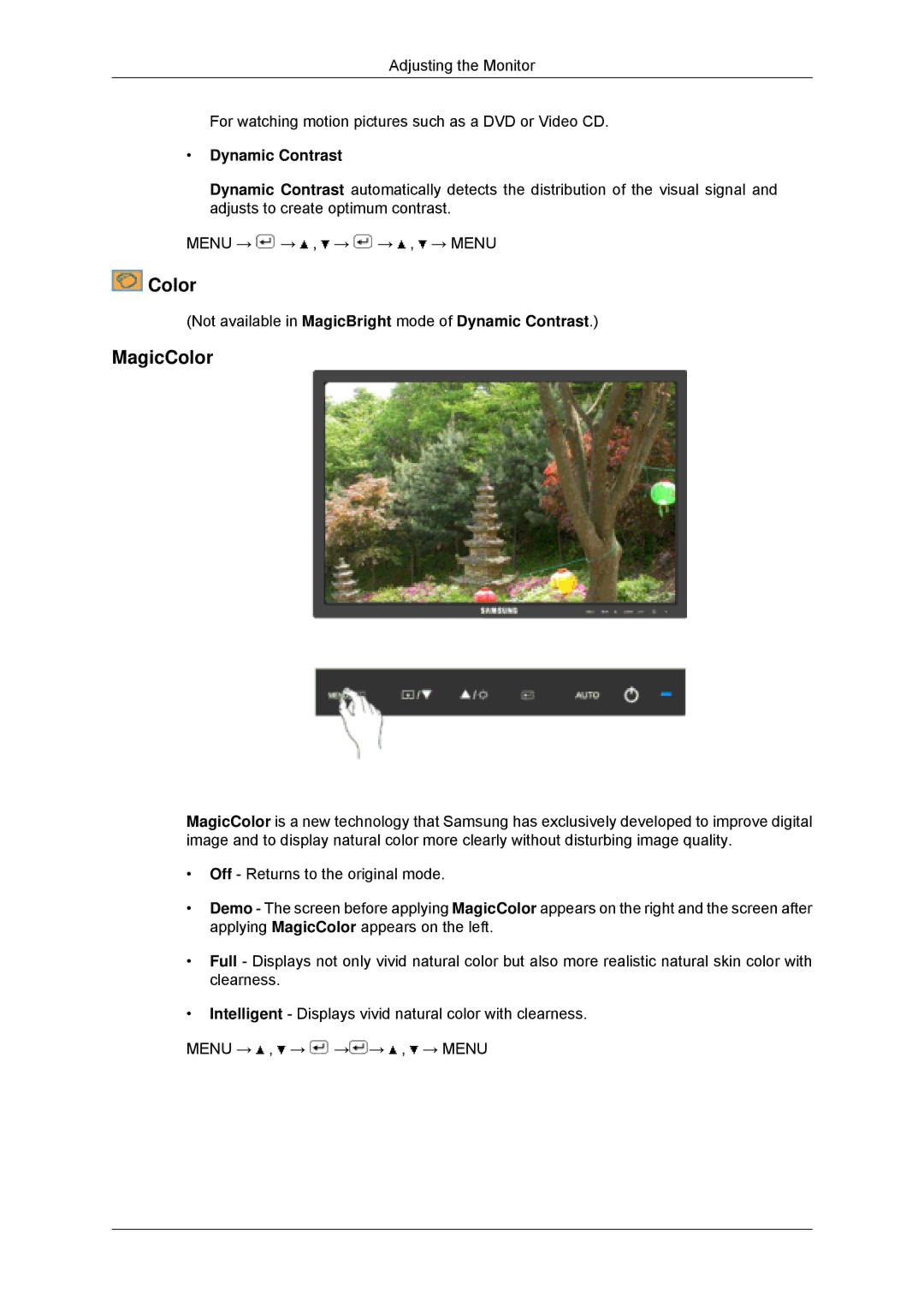 Samsung 943SNX, 2243LNX, 2043SNX, 2243SNX user manual MagicColor, Dynamic Contrast 