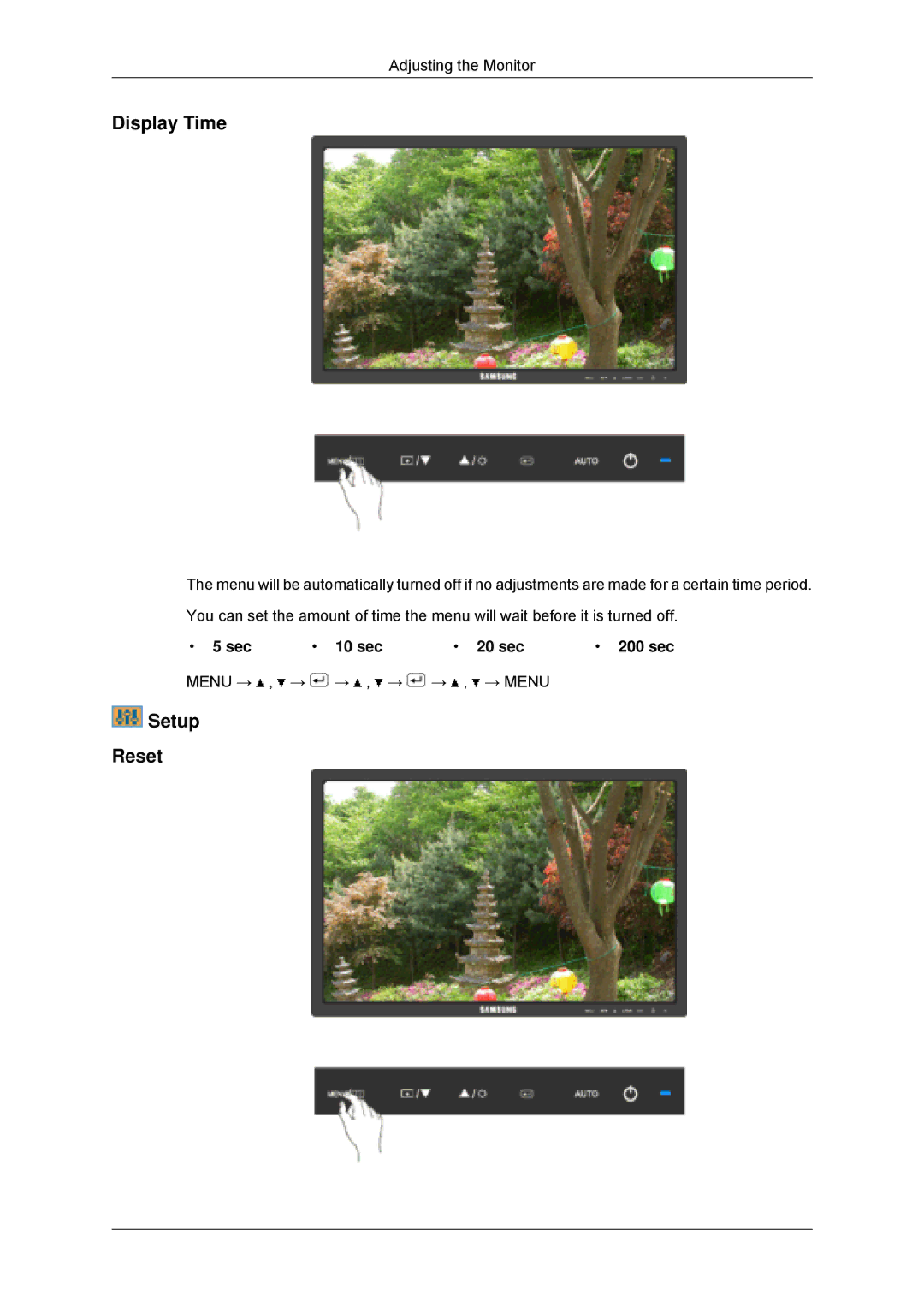 Samsung 2043SNX, 943SNX, 2243LNX, 2243SNX user manual Display Time, Setup Reset, Sec 10 sec 20 sec 200 sec 