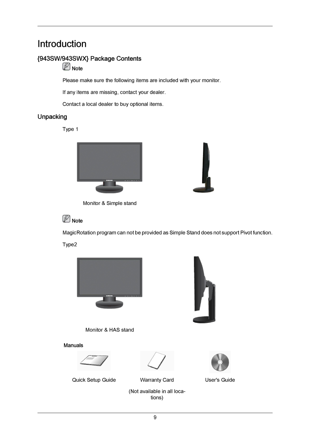 Samsung user manual 943SW/943SWX Package Contents, Unpacking 