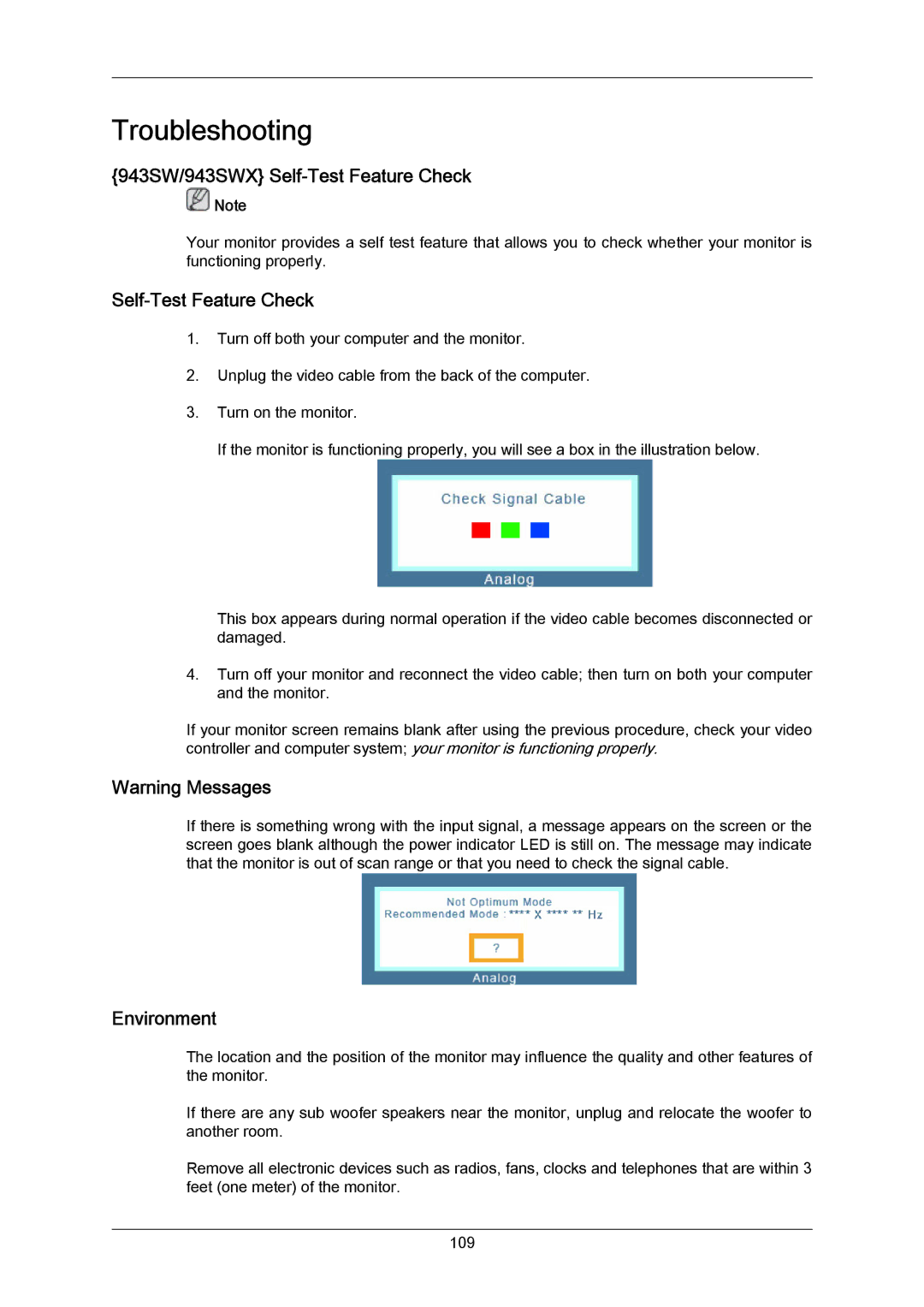 Samsung user manual 943SW/943SWX Self-Test Feature Check, Environment 