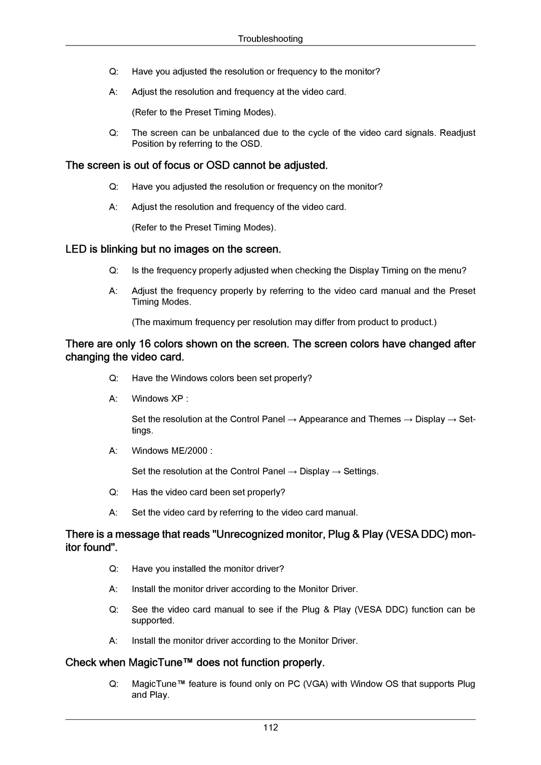 Samsung 943SWX user manual Screen is out of focus or OSD cannot be adjusted, LED is blinking but no images on the screen 