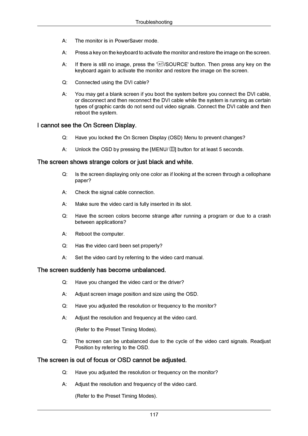 Samsung 943SWX user manual Cannot see the On Screen Display 