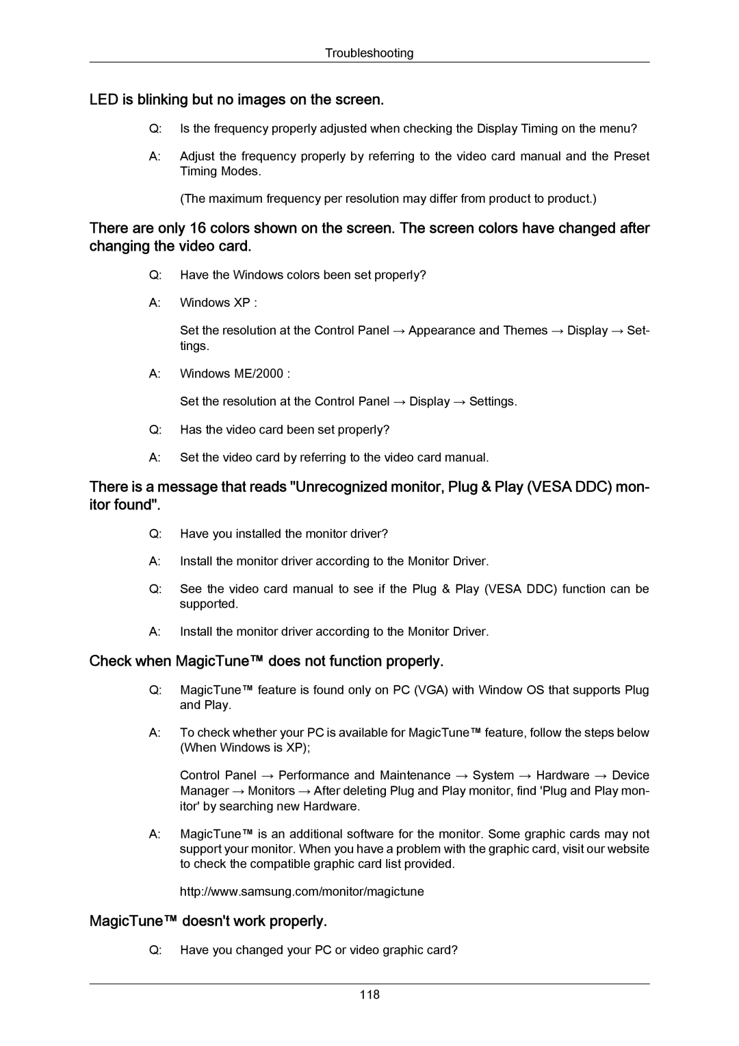 Samsung 943SWX user manual Have you changed your PC or video graphic card? 118 