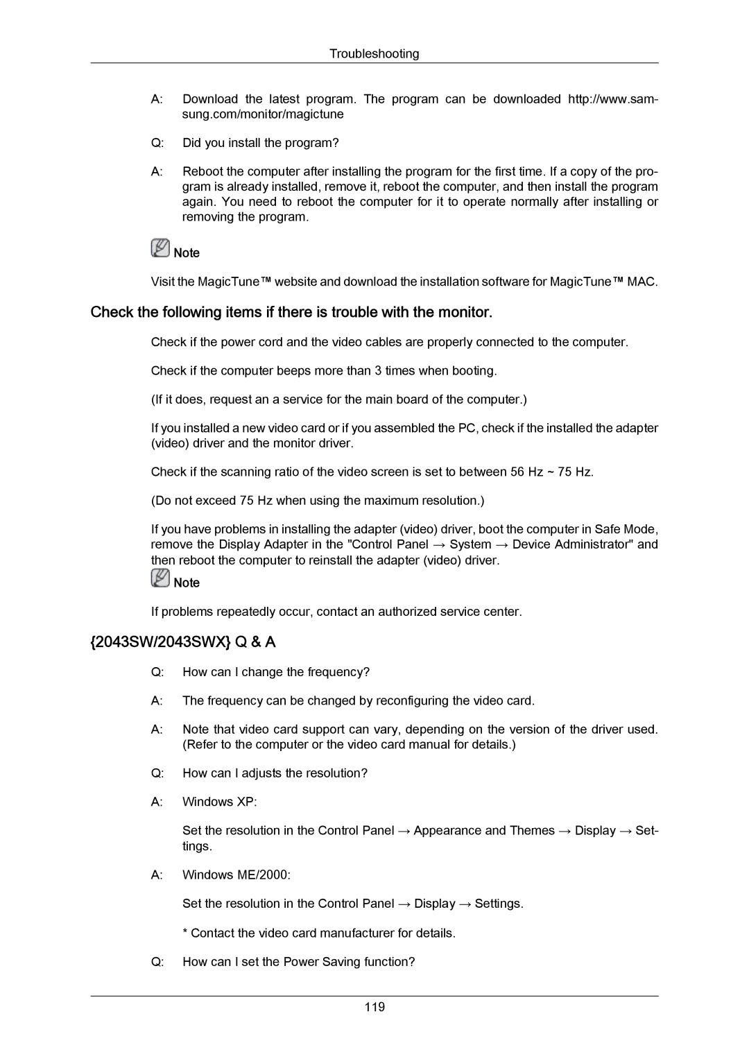 Samsung 943SWX user manual 2043SW/2043SWX Q & a 