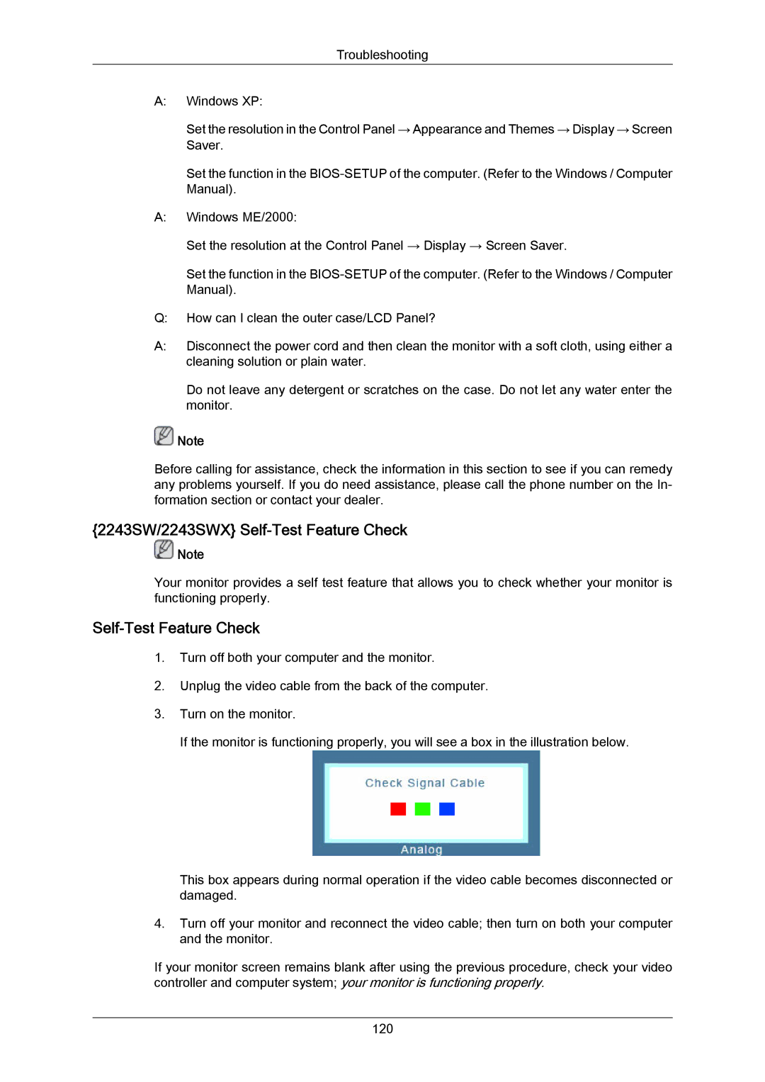 Samsung 943SWX user manual 2243SW/2243SWX Self-Test Feature Check 