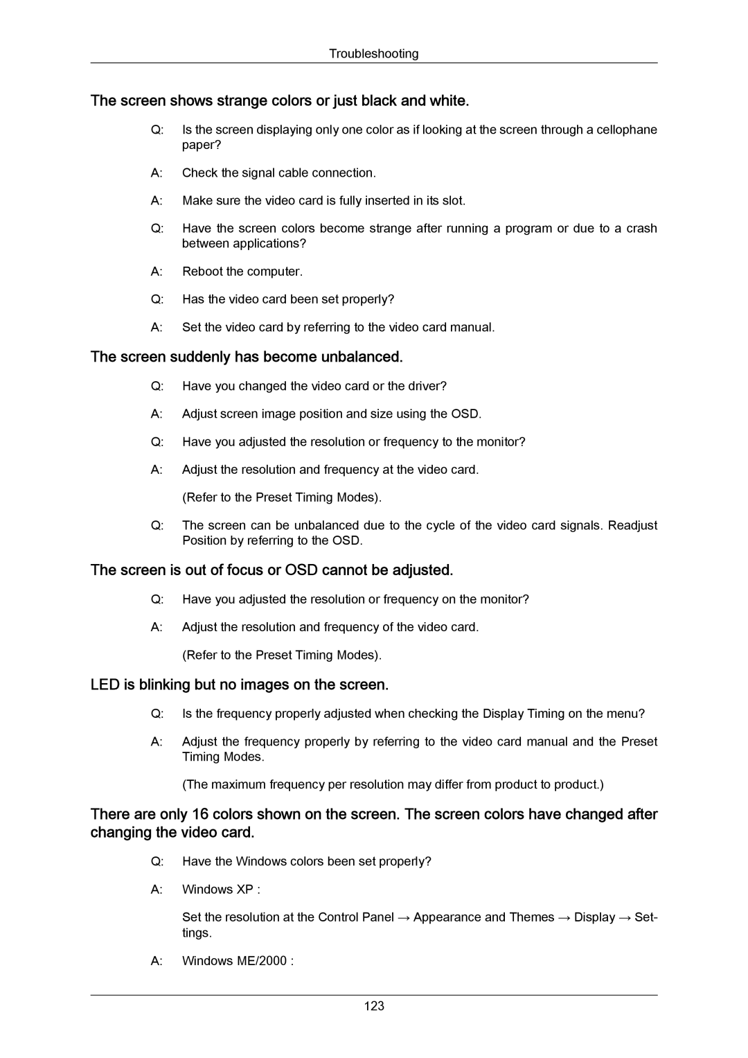 Samsung 943SWX user manual Screen shows strange colors or just black and white 