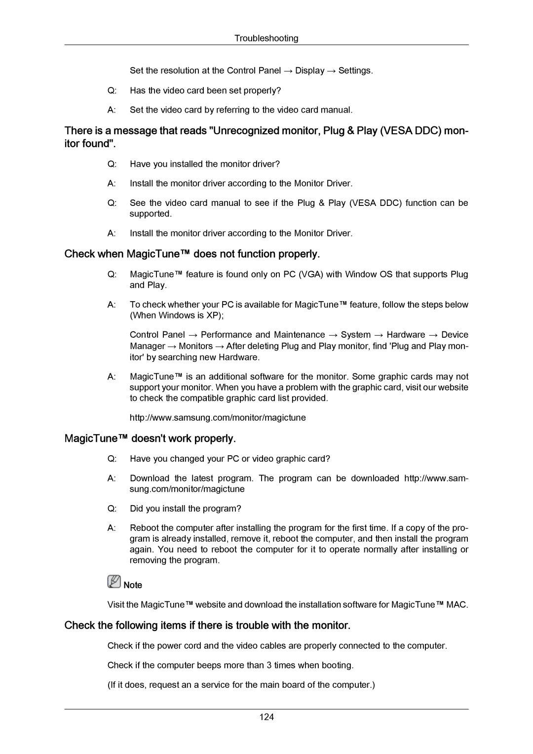 Samsung 943SWX user manual Check when MagicTune does not function properly 