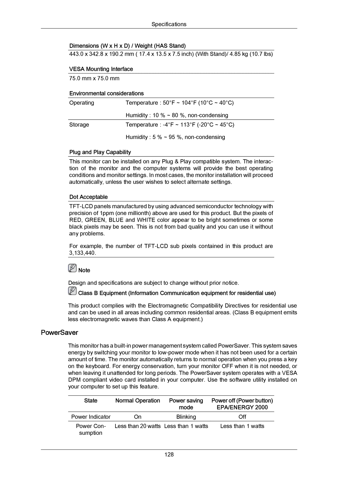 Samsung 943SWX user manual PowerSaver, Environmental considerations 