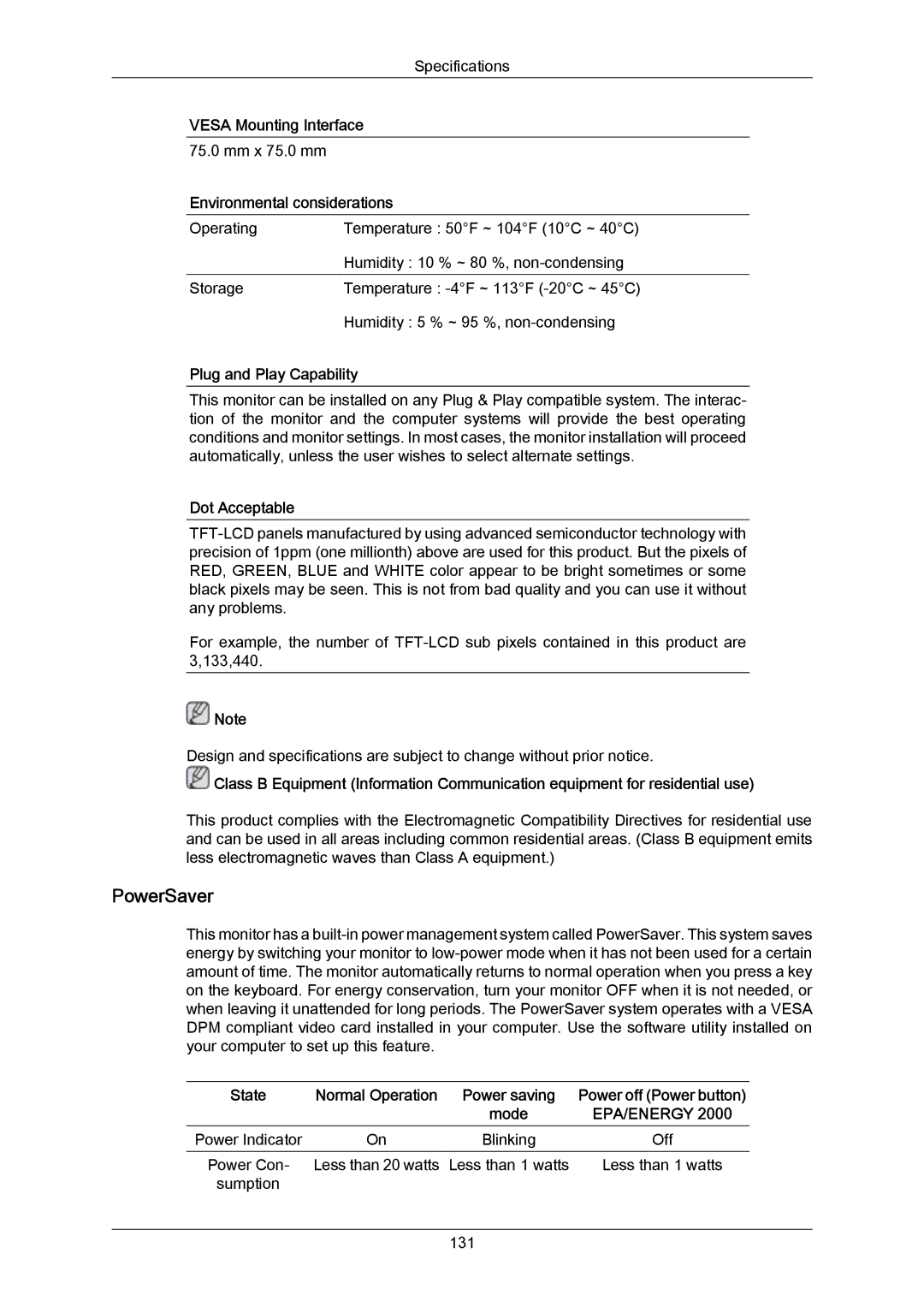 Samsung 943SWX user manual Less than 1 watts Sumption 131 